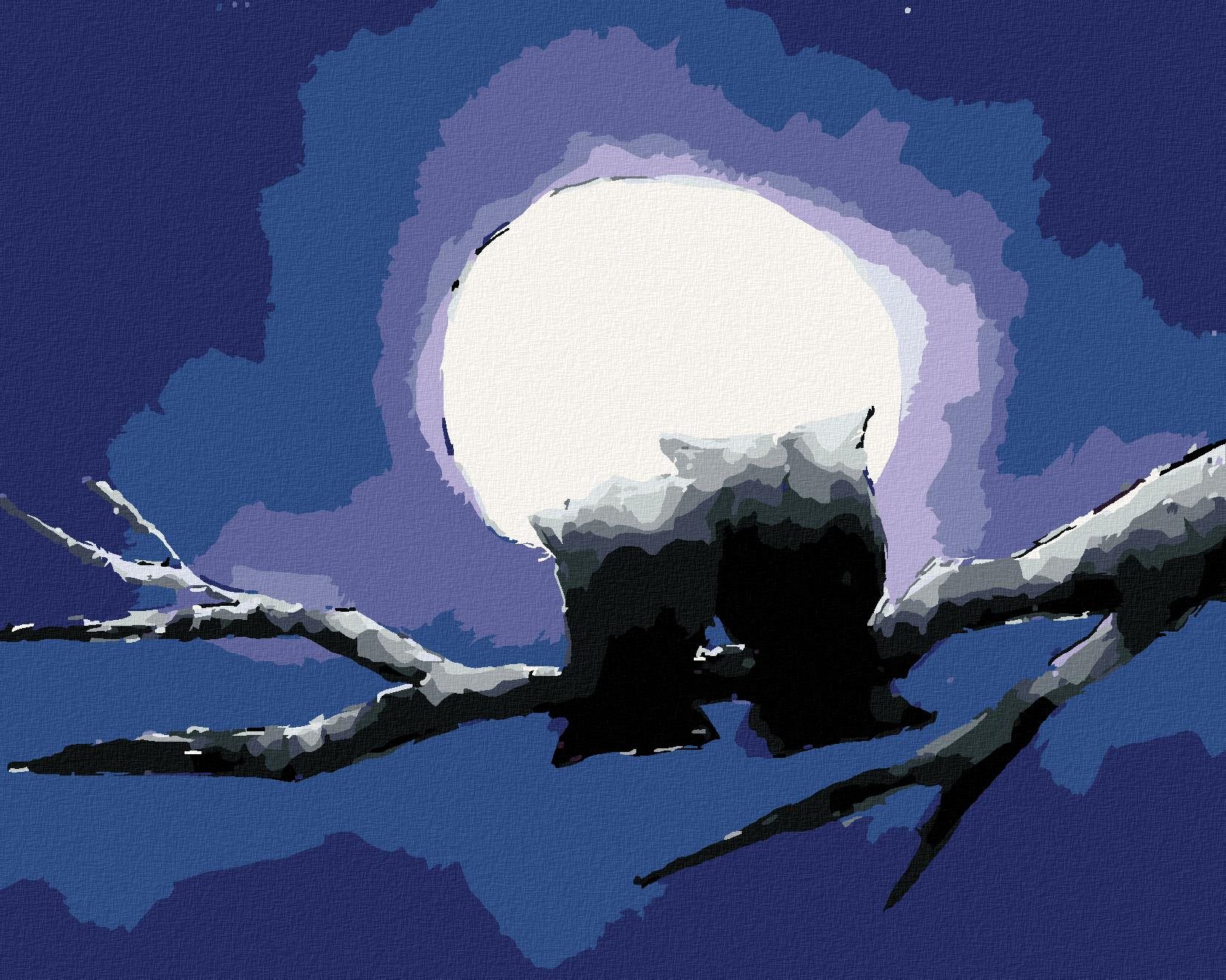 Dve sovy a žiariaci mesiac, 40 × 50 cm, bez rámu a bez napnutia plátna