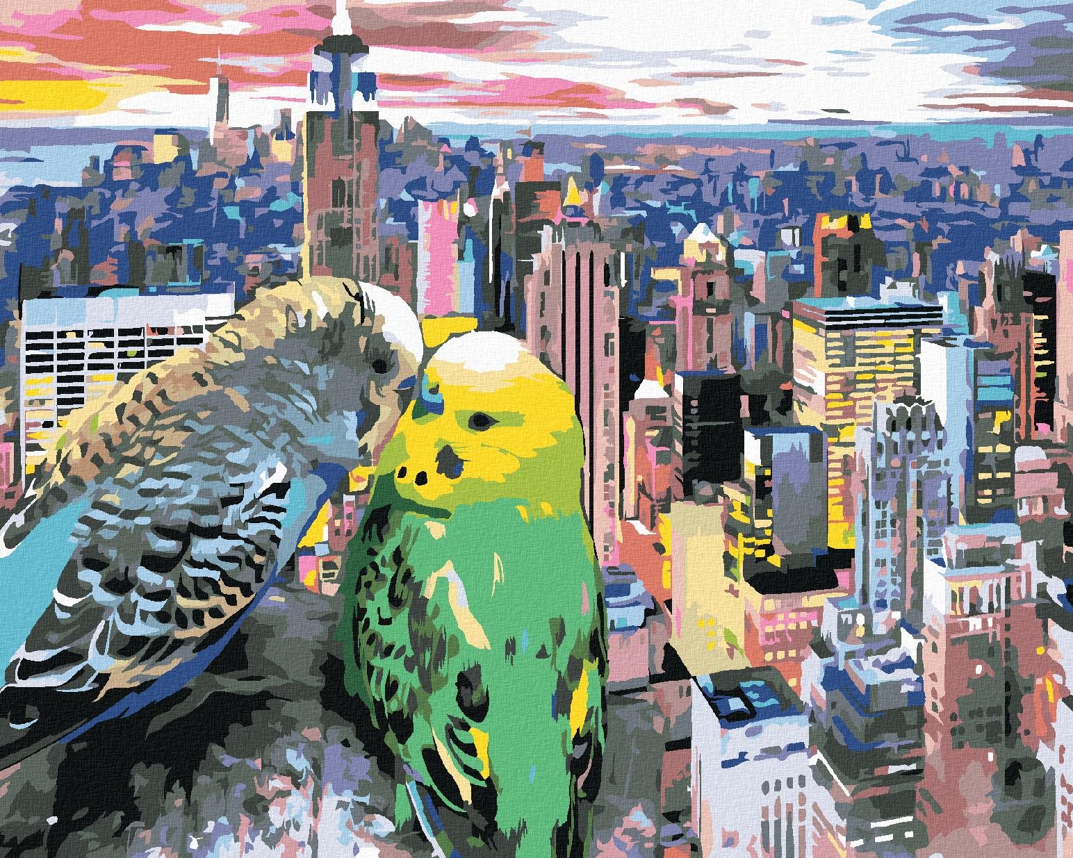Dve zamilované andulky v New Yorku, 80 × 100 cm, bez rámu a bez napnutia plátna