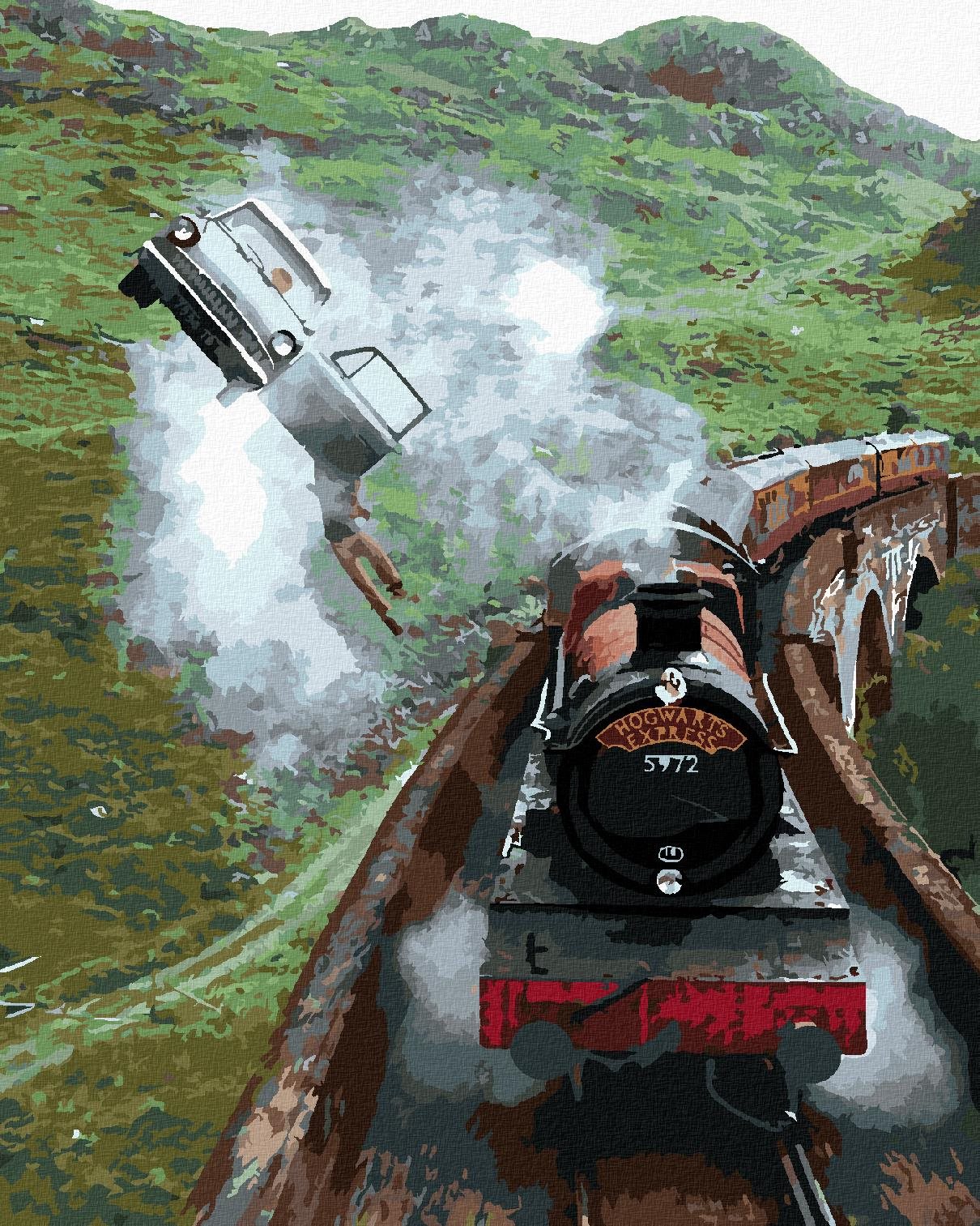 Harry Potter visí z letiaceho auta a Rokfortský express, 40×50 cm, bez rámu a bez vypnutia plátna