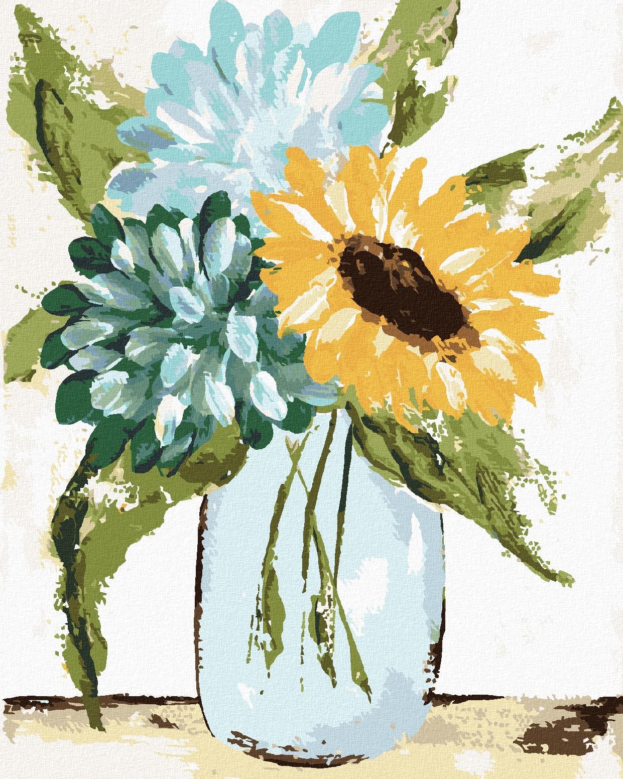 Hortenzia a slnečnica vo váze 2 (Haley Bush), 40×50 cm, vypnuté plátno na rám