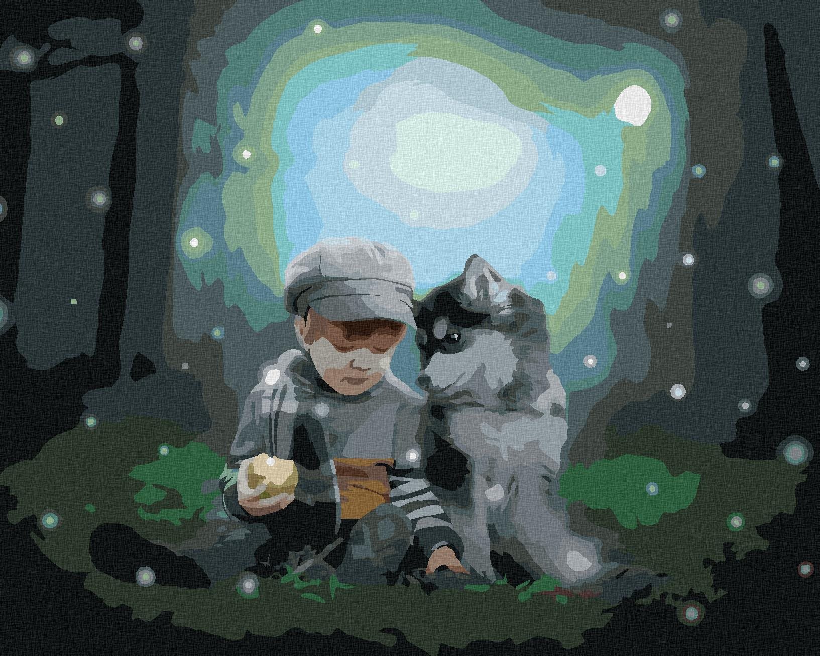 Husky a chlapček v lese, 40 × 50 cm, bez rámu a bez napnutia plátna