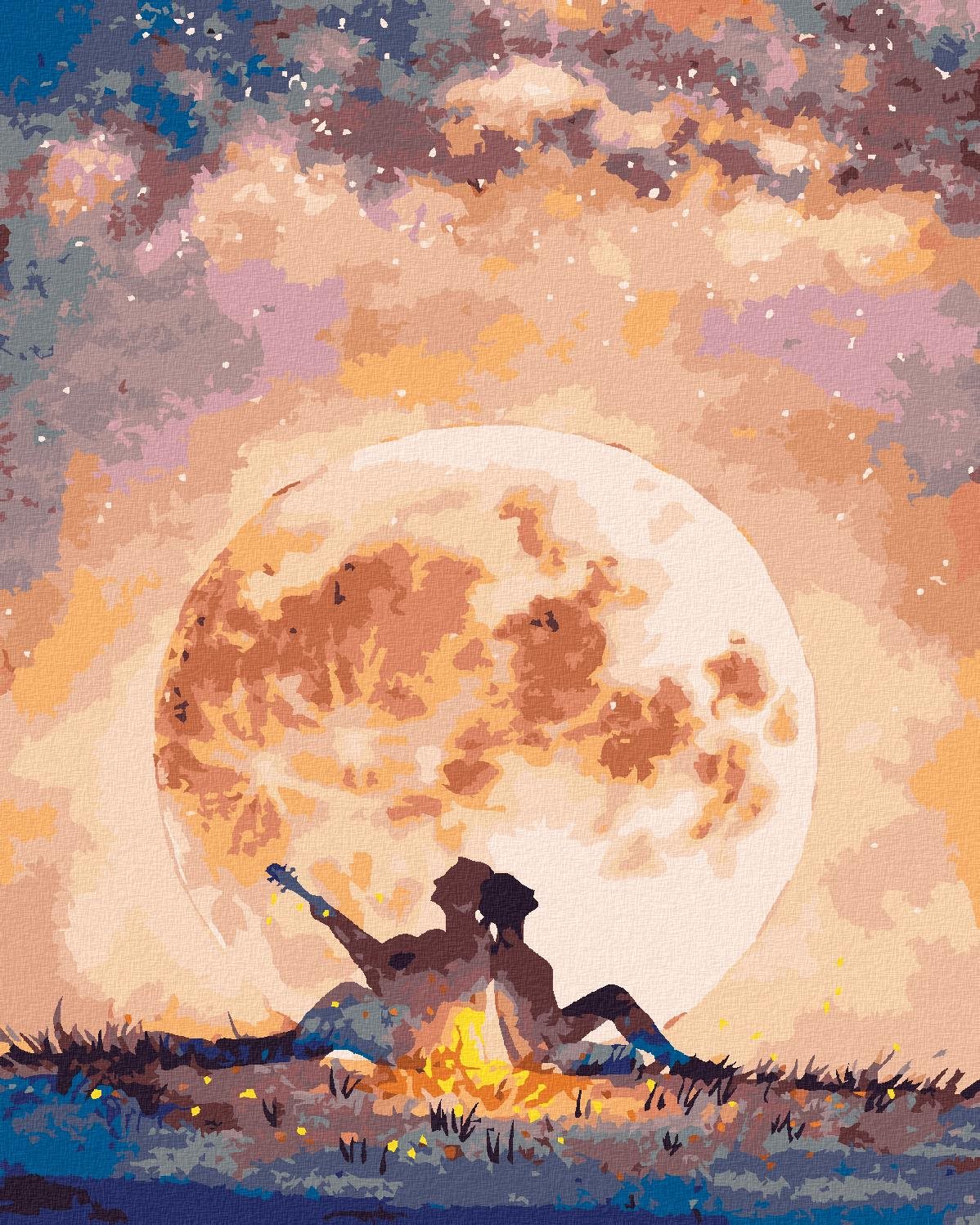 Chlapec s gitarou a dievčaťom pod mesiacom, 40×50 cm, vypnuté plátno na rám