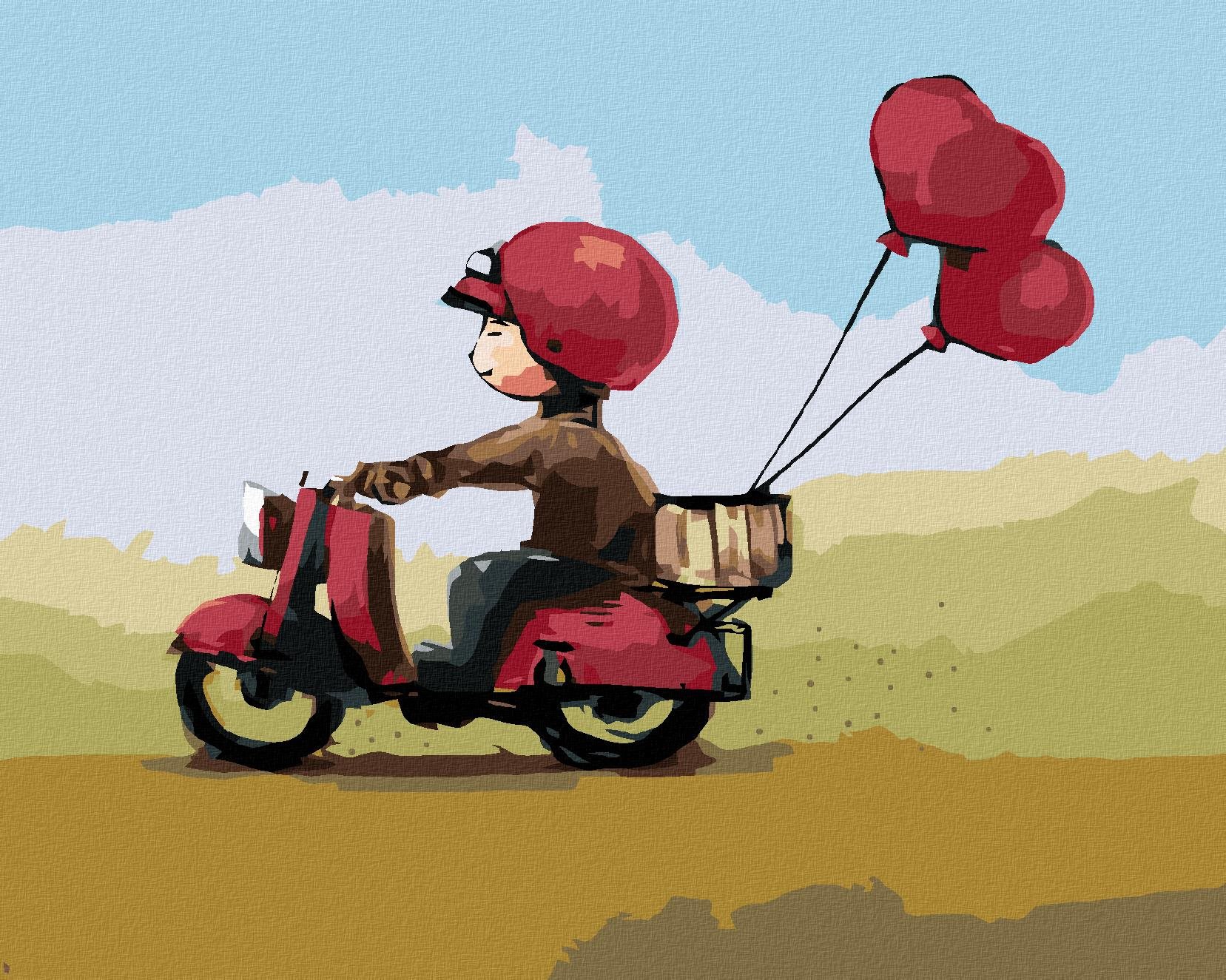 Chlapec so srdiečkovými balónikmi na skútri, 40×50 cm, bez rámu a bez vypnutia plátna