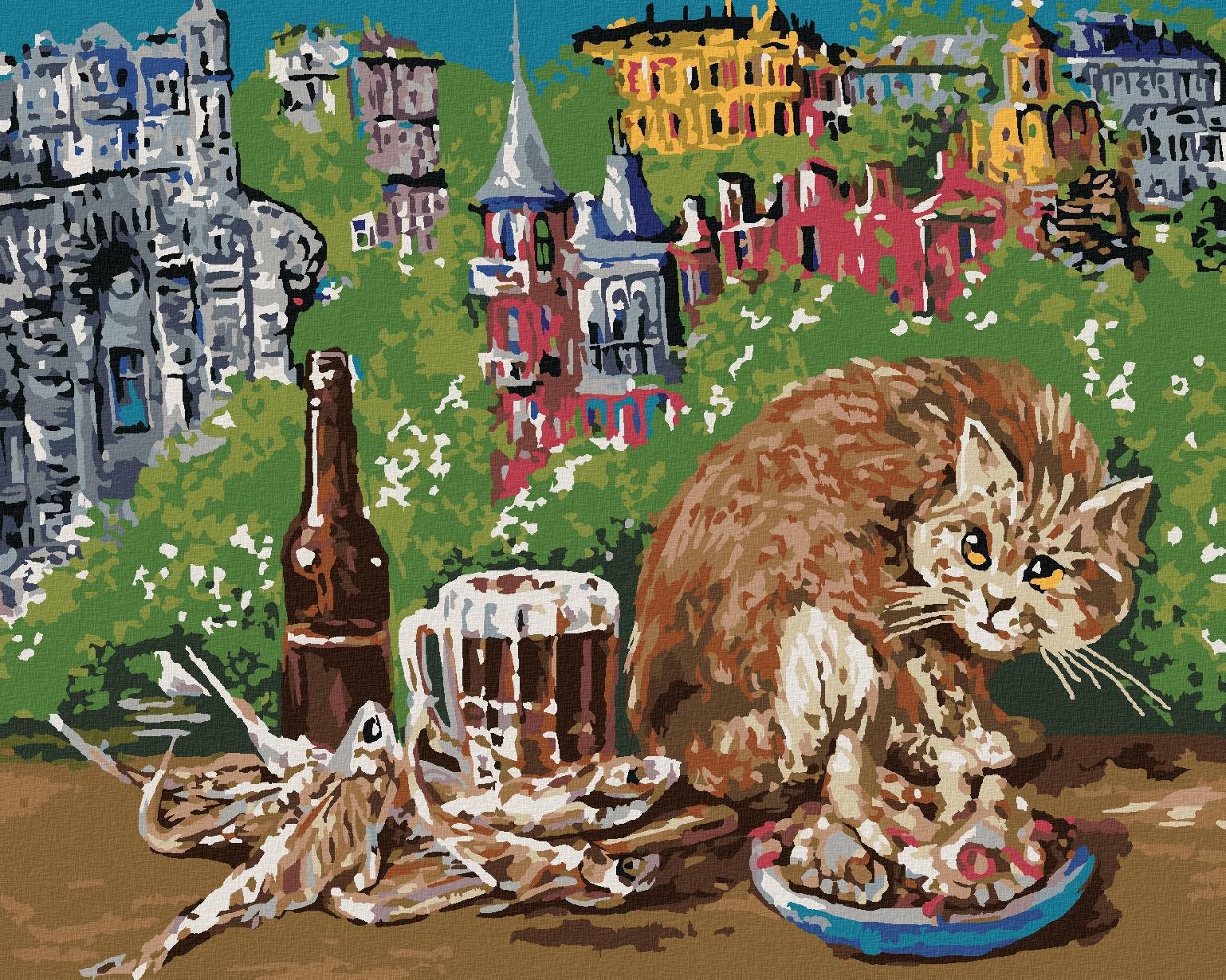 Mačka s jedlom na stole, 40 × 50 cm, plátno napnuté na rám