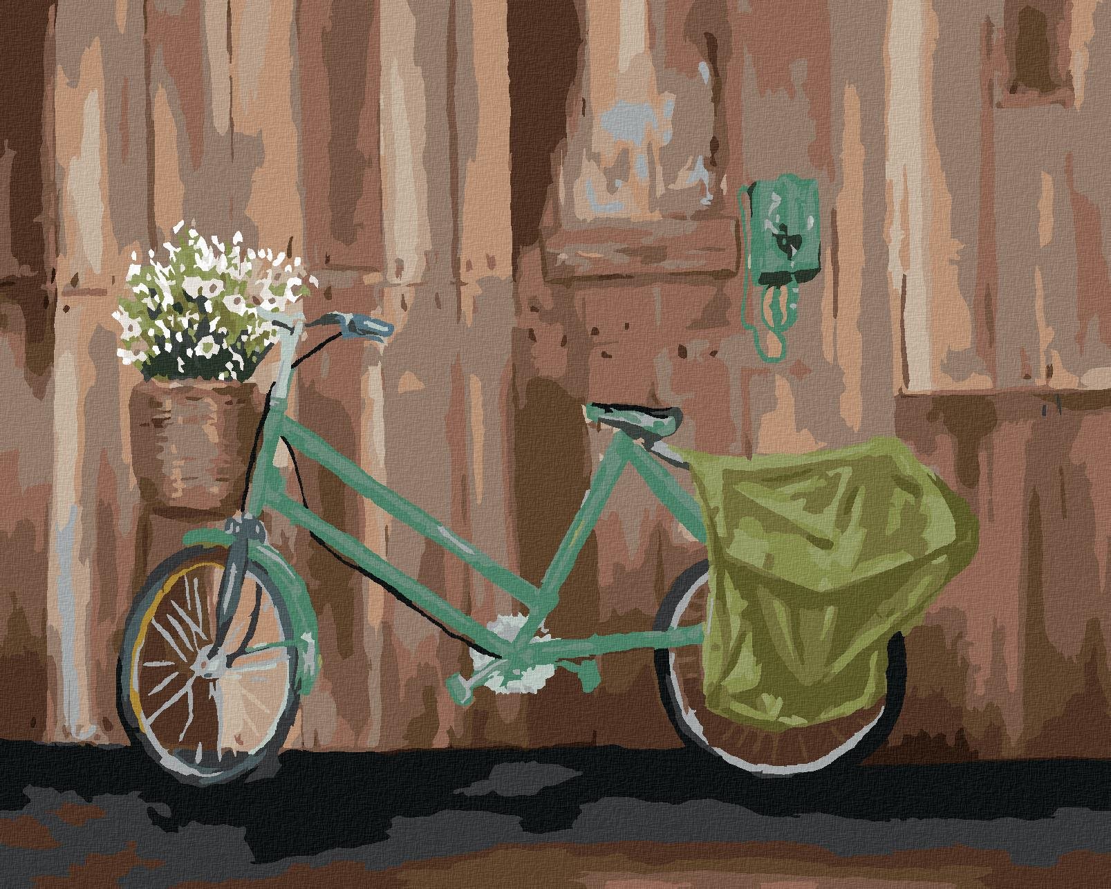 Bicykel s košíkom kvetov, 80 × 100 cm, plátno napnuté na rám