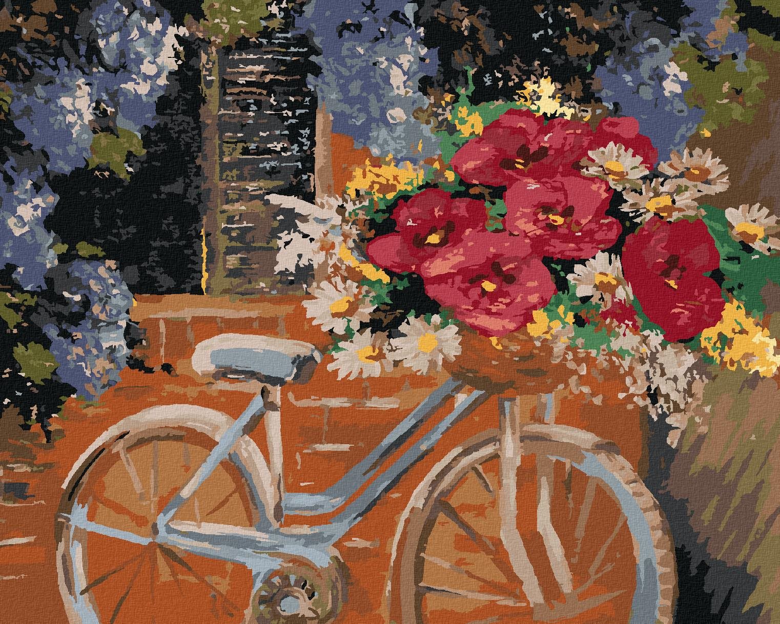 Bicykel s kyticou kvetov, 80 × 100 cm, bez rámu a bez vypnutia plátna