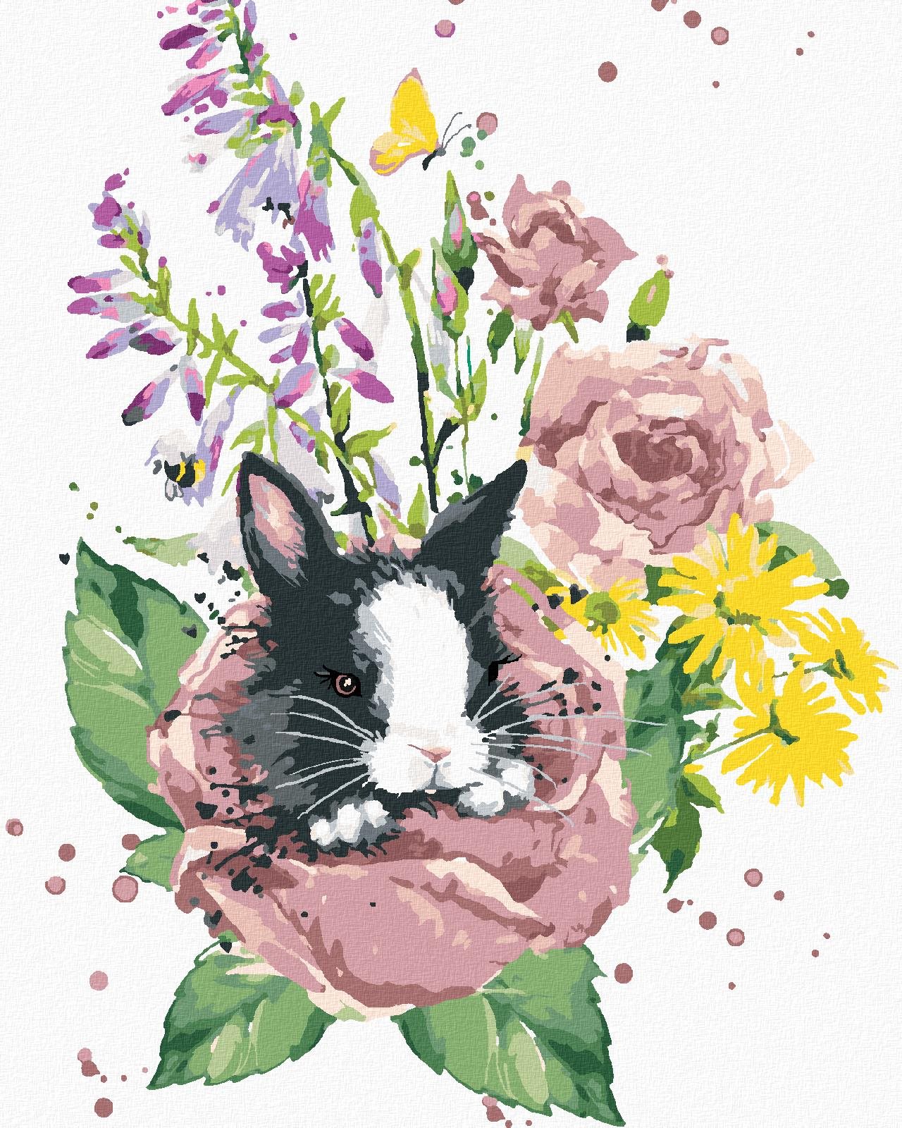 Králik medzi letnými kvetmi, 40 × 50 cm, plátno napnuté na rám