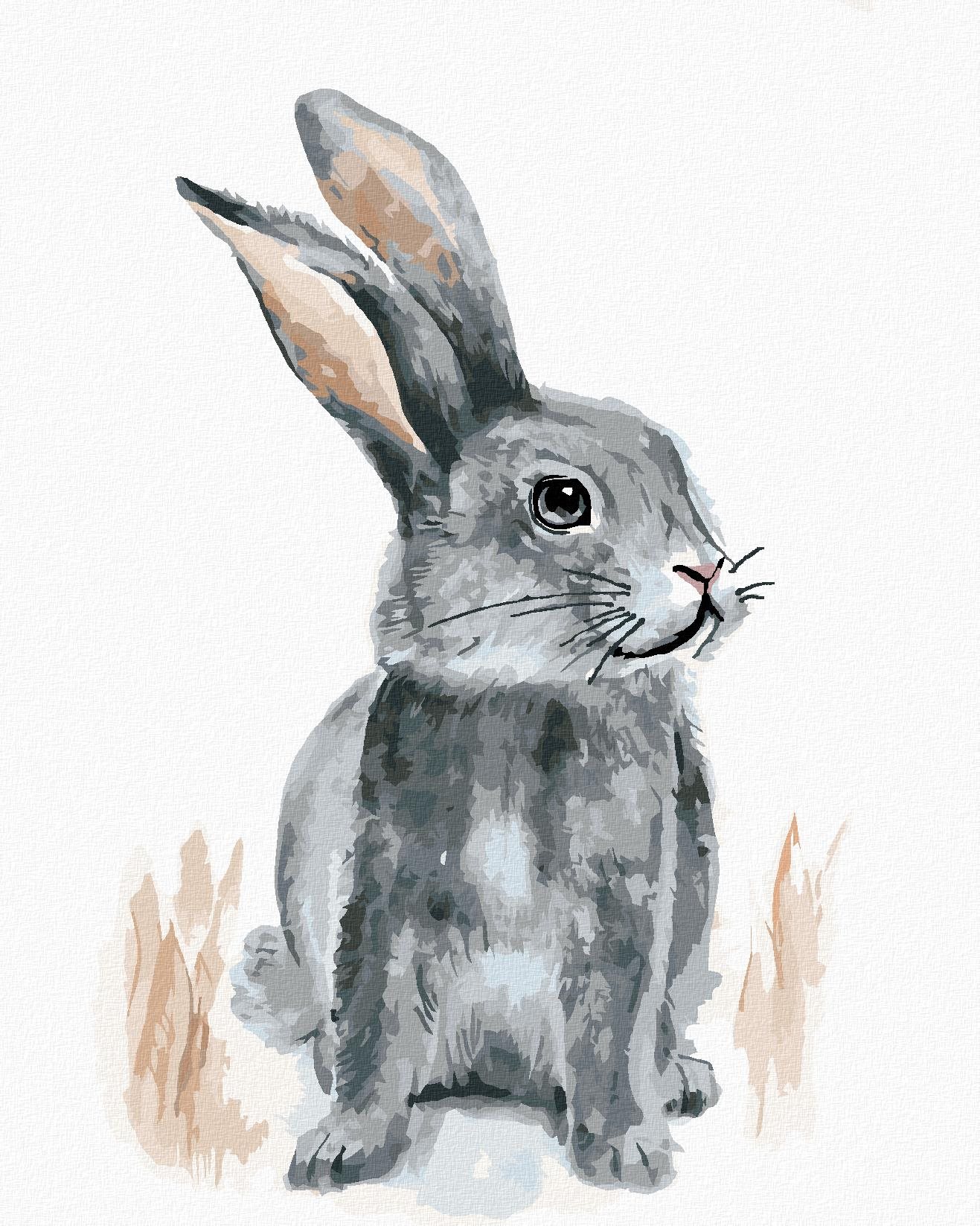 Králik sediaci na poli, 40 × 50 cm, plátno napnuté na rám