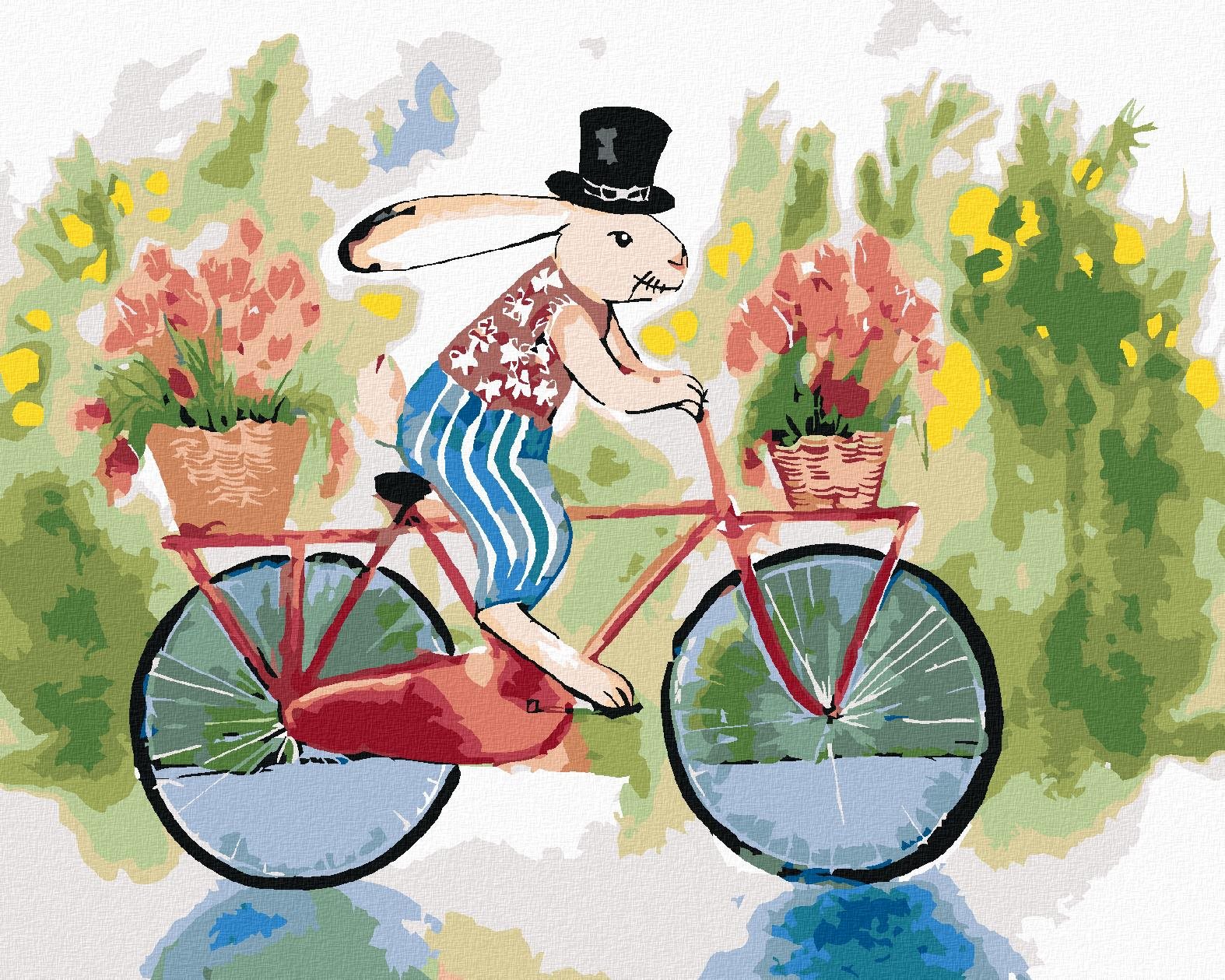 Králik v klobúku na bicykli, 40 × 50 cm, plátno napnuté na rám