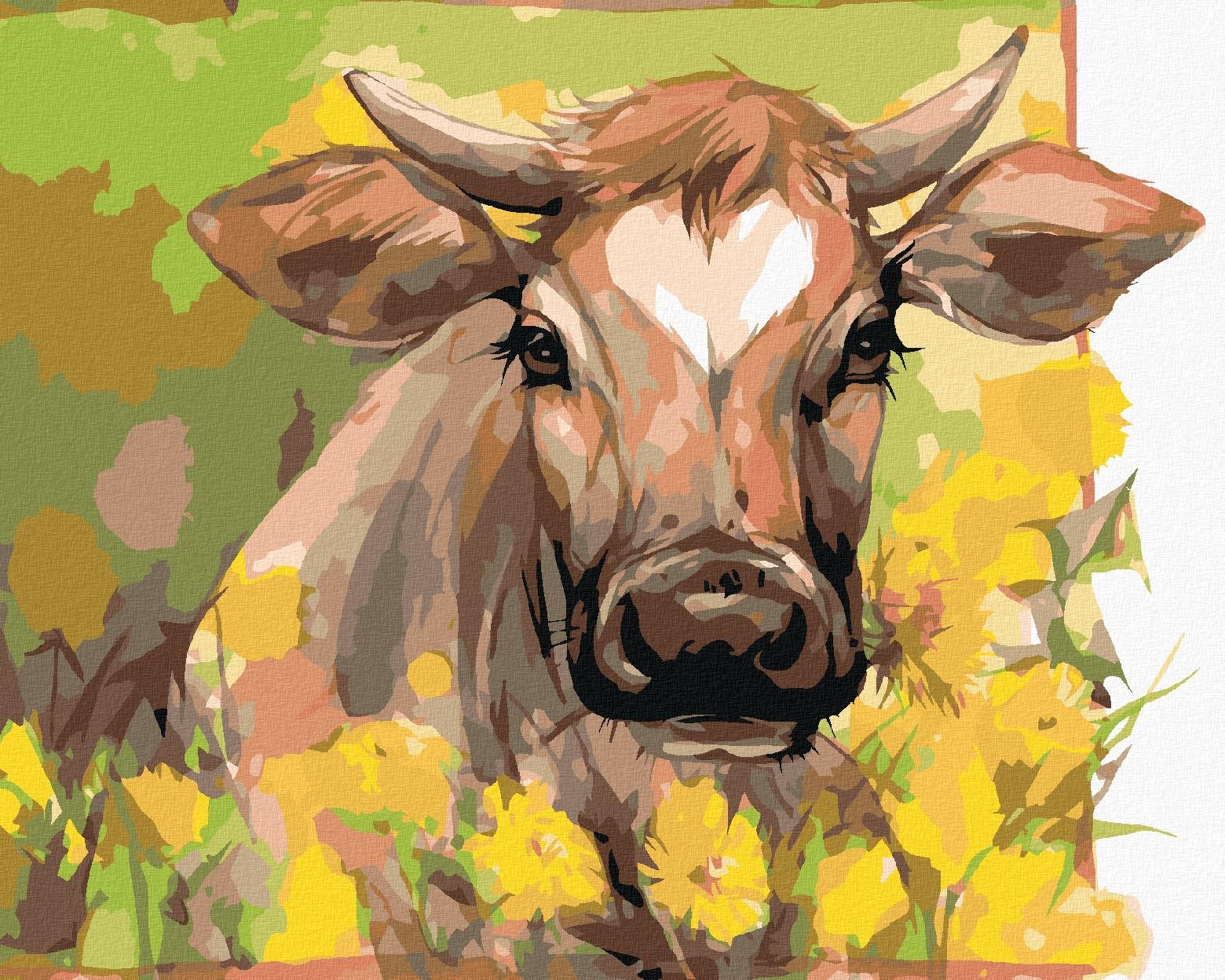 Krava medzi žltými kvetmi, 80 × 100 cm, bez rámu a bez napnutia plátna