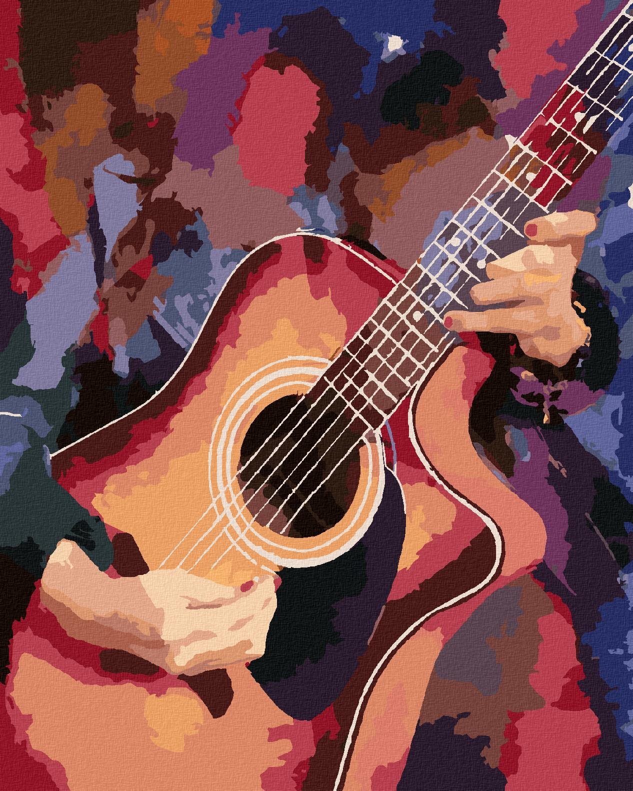Gitara na farebnom pozadí, 40 × 50 cm, plátno napnuté na rám