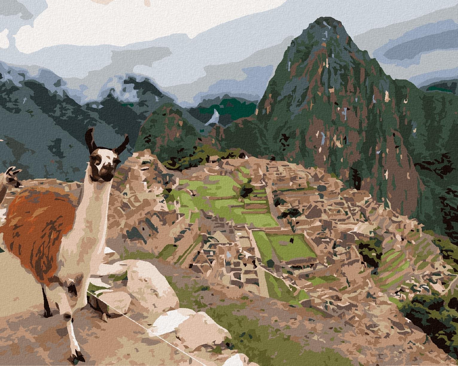 Lama a machu Picchu, 80 × 100 cm, bez rámu a bez vypnutia plátna