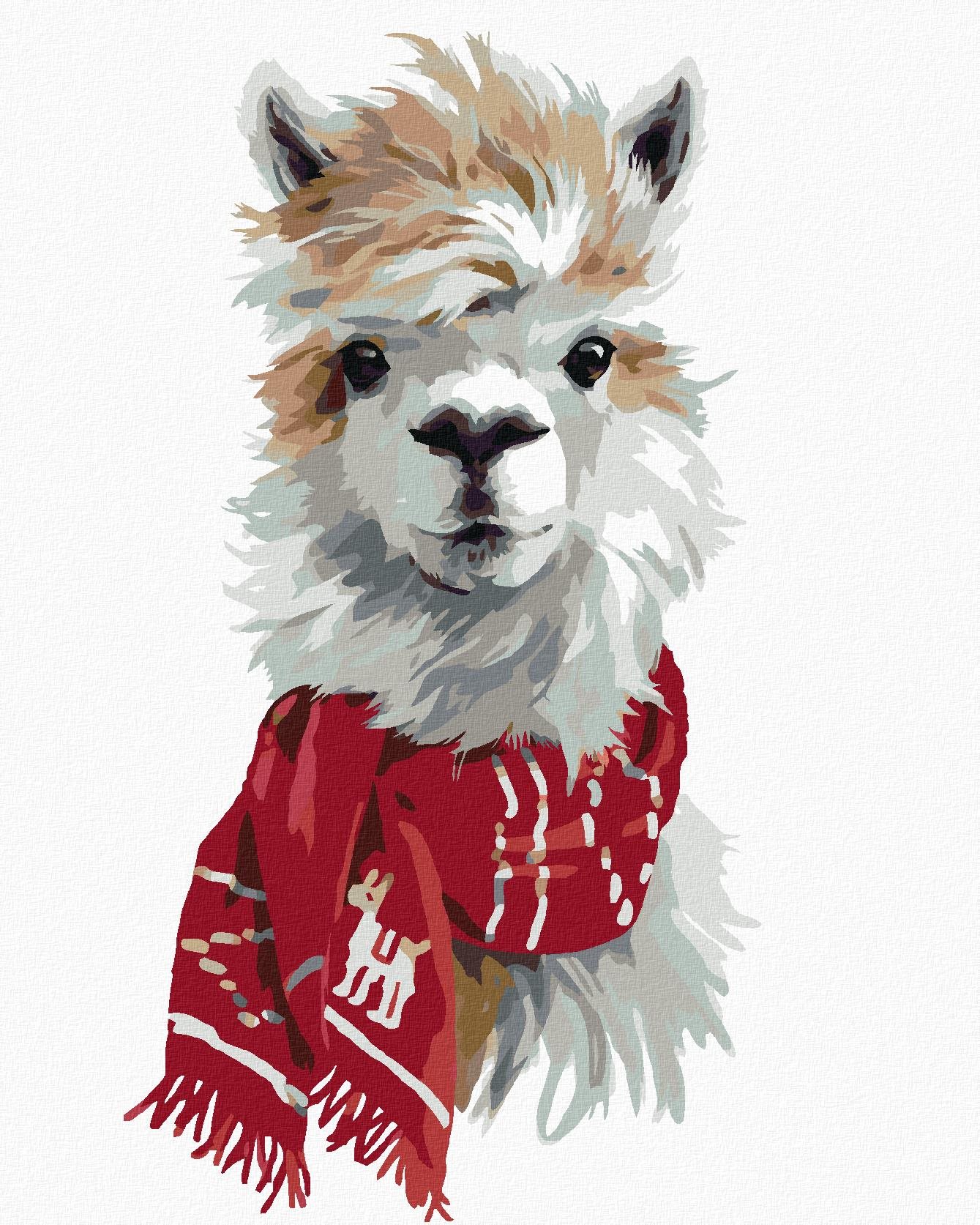 Lama s červeným šálom, 40 × 50 cm, plátno napnuté na rám