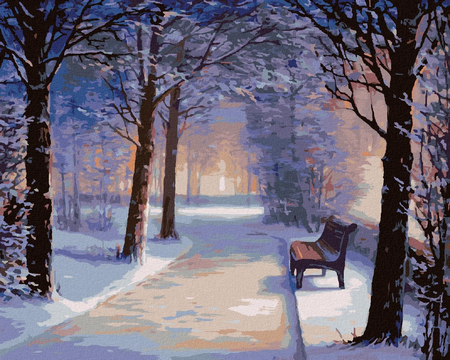 Lavička v zasneženom parku, 40 × 50 cm, plátno napnuté na rám
