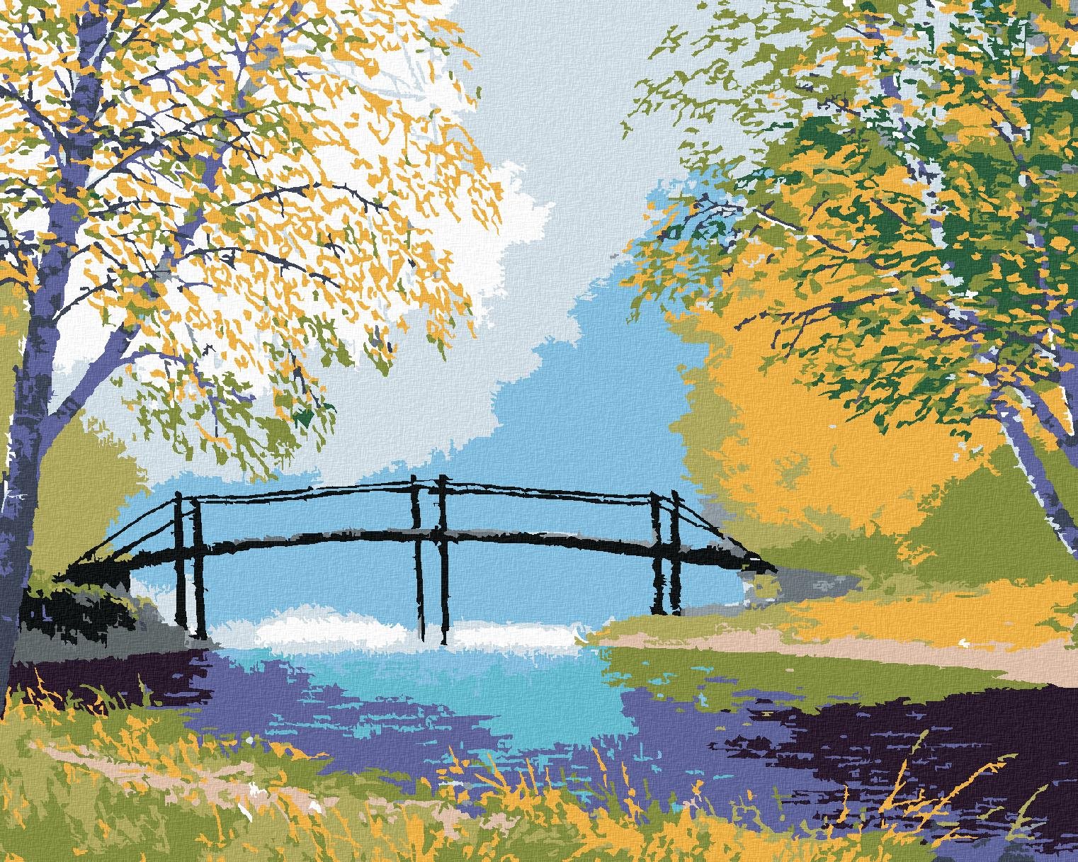 Les s lavičkou cez rieku, 80 × 100 cm, bez rámu a bez napnutia plátna