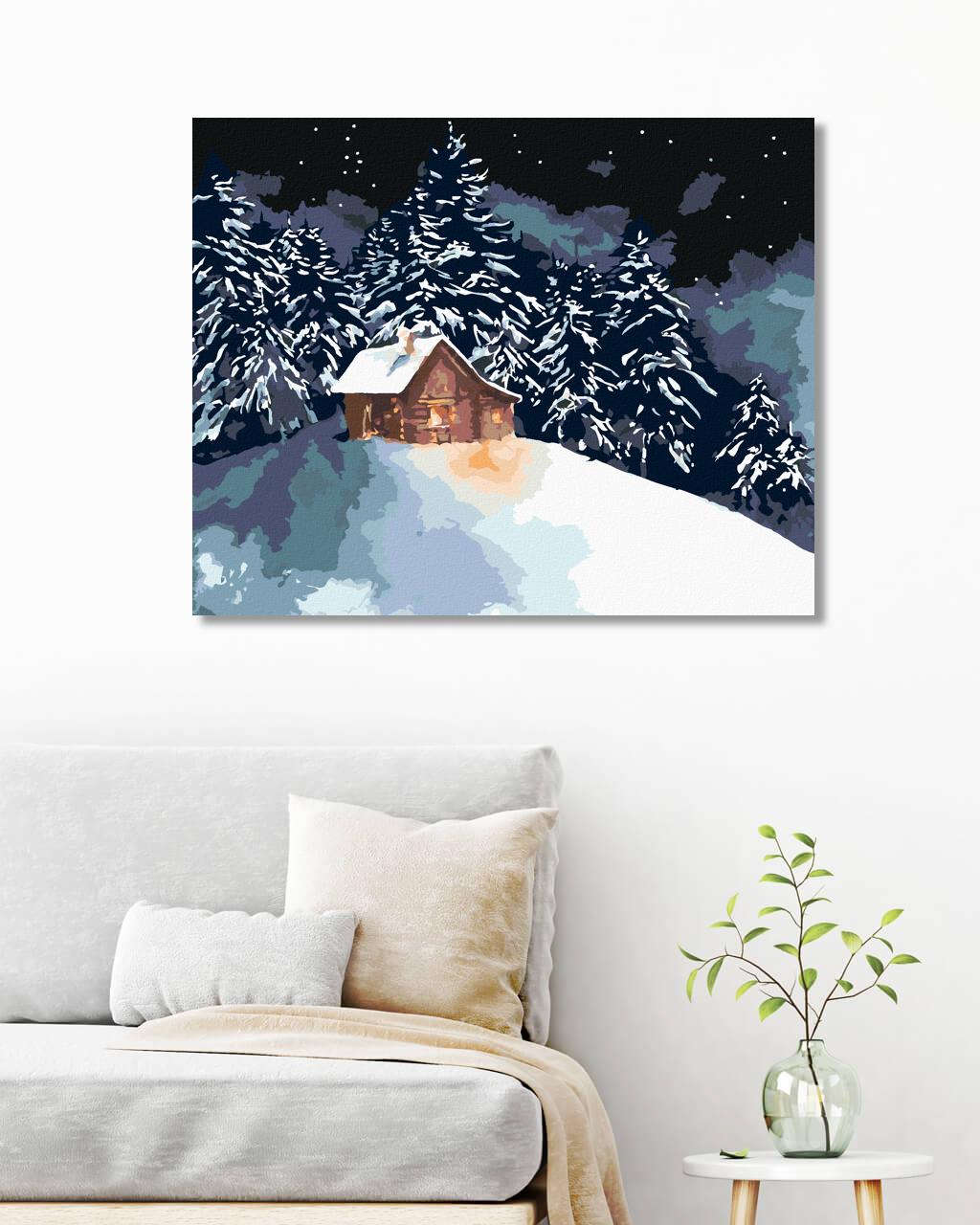 Lesný zrub na zasneženom kopčeku, 80 × 100 cm, bez rámu a bez napnutia plátna