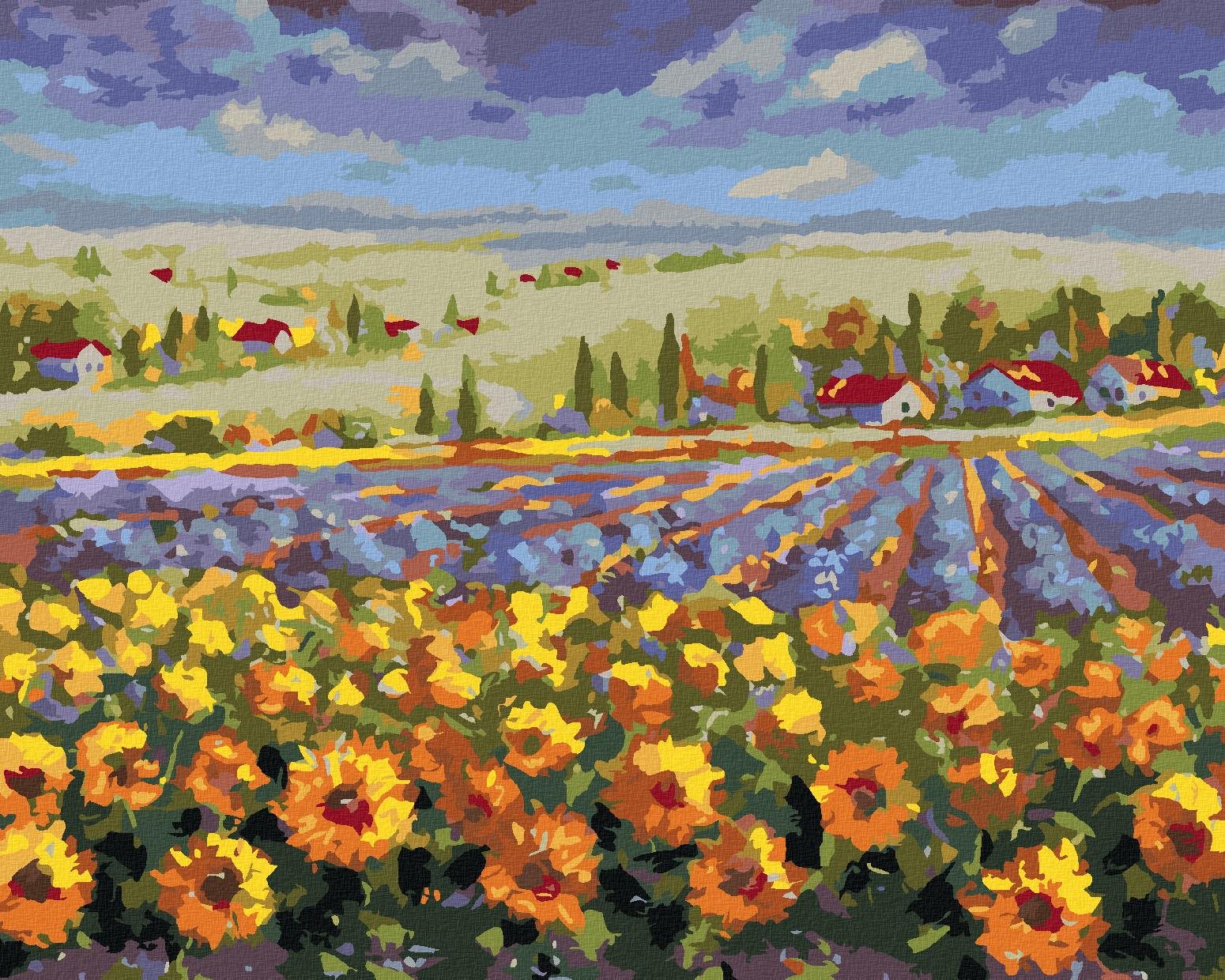 Levanduľové pole so slnečnicami, 80 × 100 cm, bez rámu a bez napnutia plátna