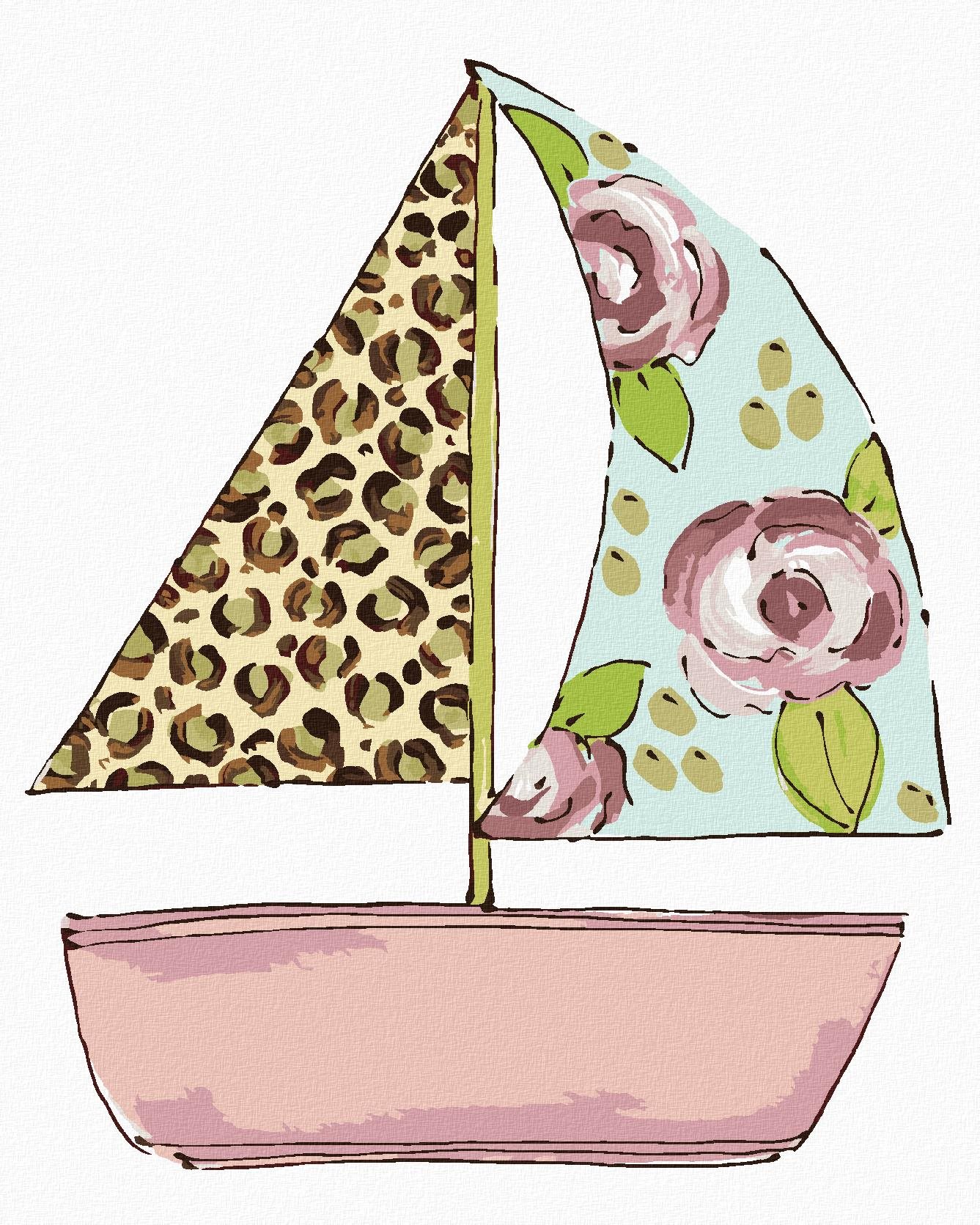 Loď s leoparďou a kvetinovou plachtou (Haley Bush), 40×50 cm, bez rámu a bez vypnutia plátna