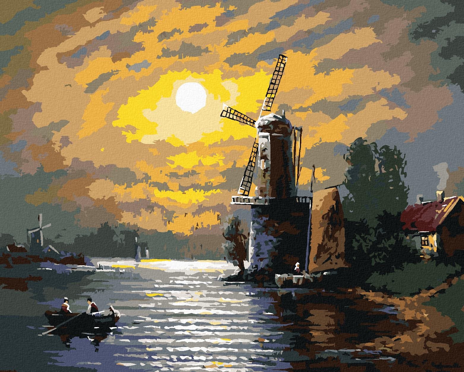 Mesiac, mlyn a loďka, 40×50 cm, vypnuté plátno na rám