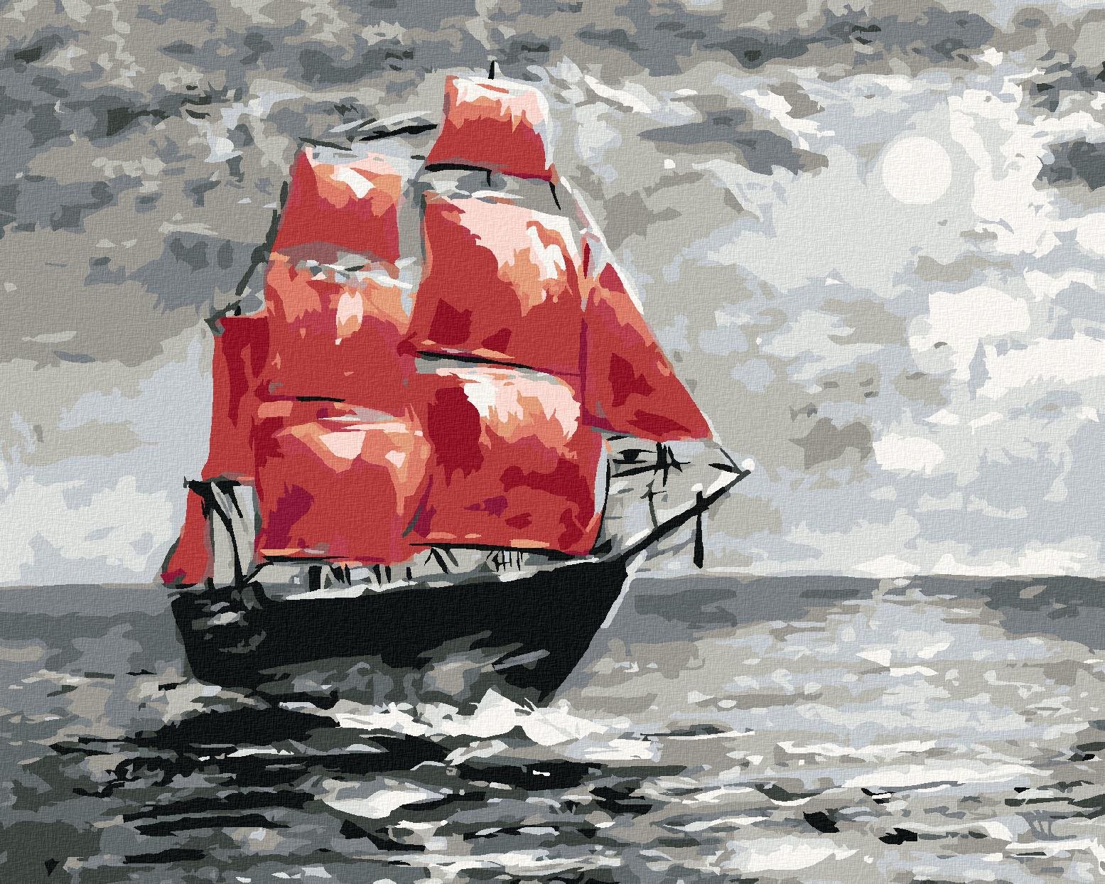 Mesačný svit a plachetnica na mori, 40×50 cm, bez rámu a bez vypnutia plátna