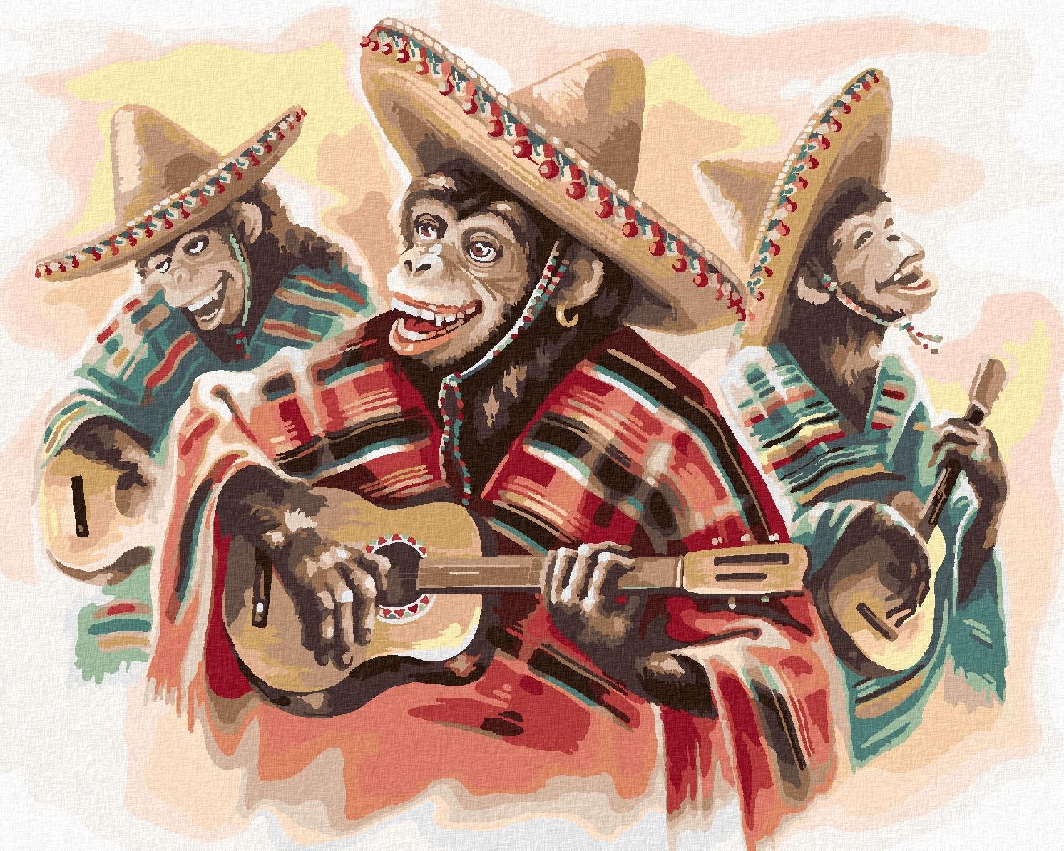 Mexické trio opíc hrajúce na gitaru, 80×100 cm, vypnuté plátno na rám