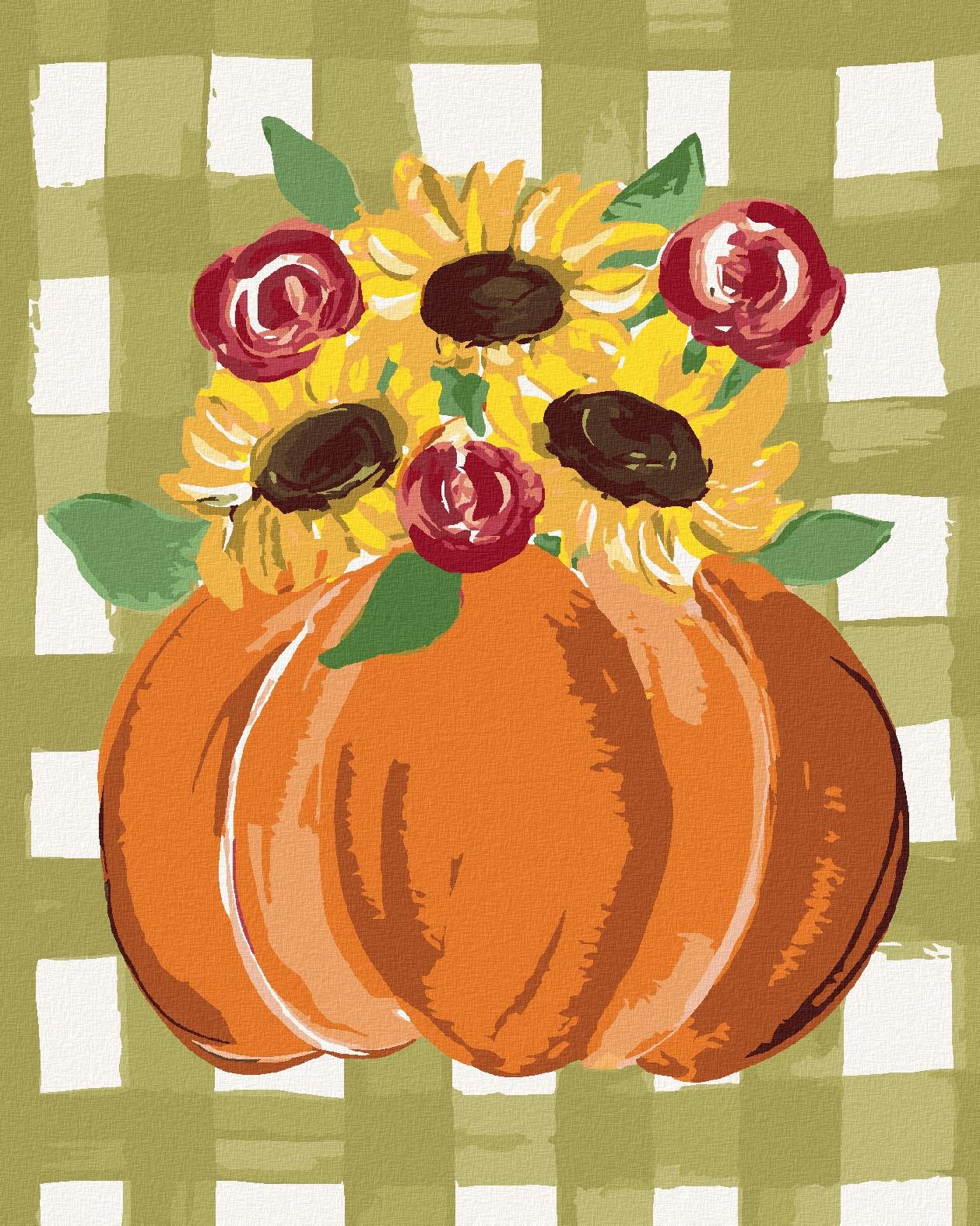 Oranžová tekvica a slnečnica Gingham (Haley Bush), 40×50 cm, vypnuté plátno na rám