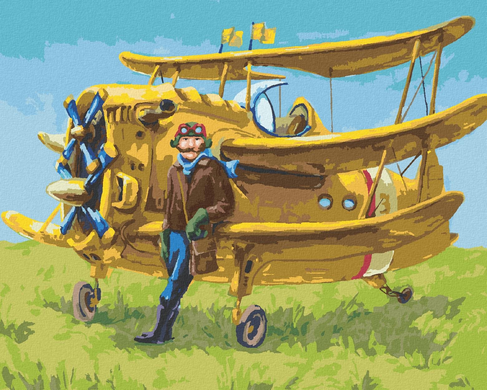 Pilot a jeho žlté lietadlo, 40×50 cm, vypnuté plátno na rám