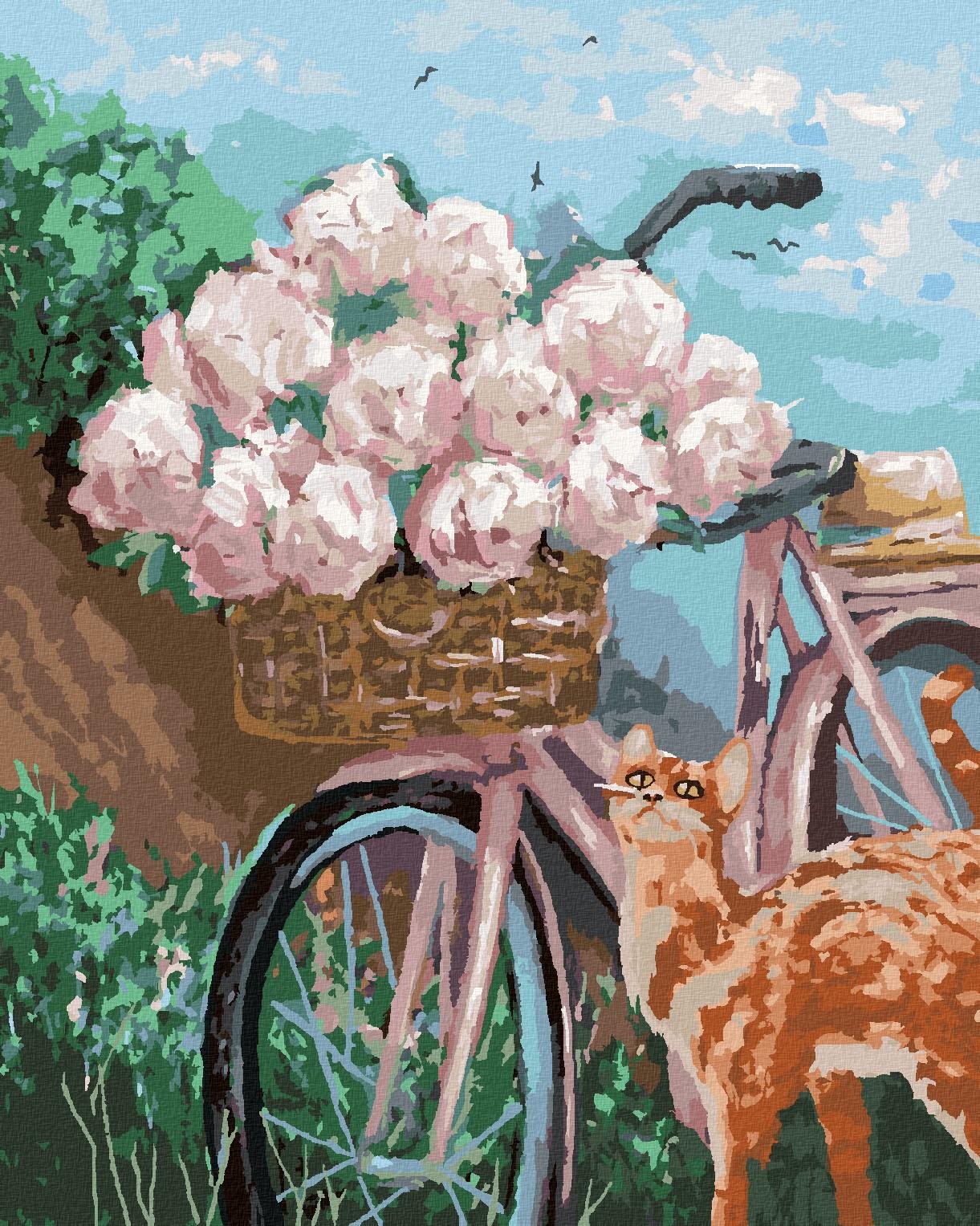 Pivonky v košíku na bicykli, 80 × 100 cm, bez rámu a bez napnutia plátna