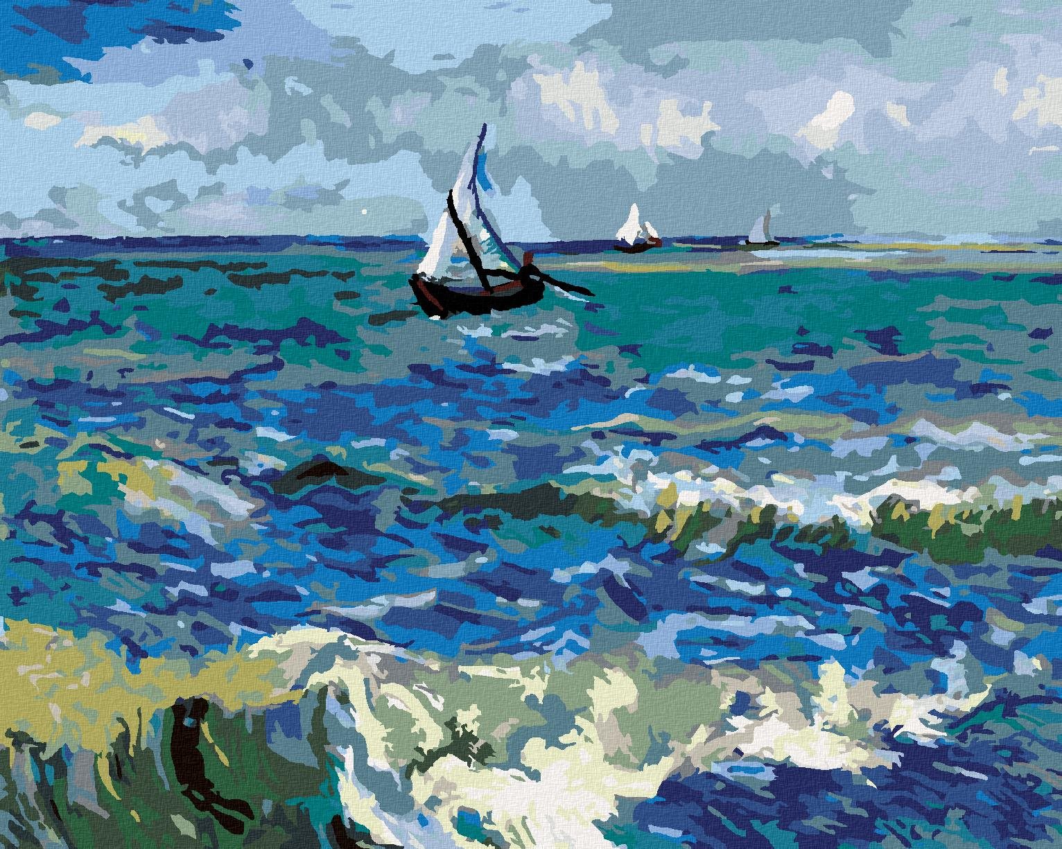 Plachetnice a maľované more, 40 × 50 cm, plátno napnuté na rám