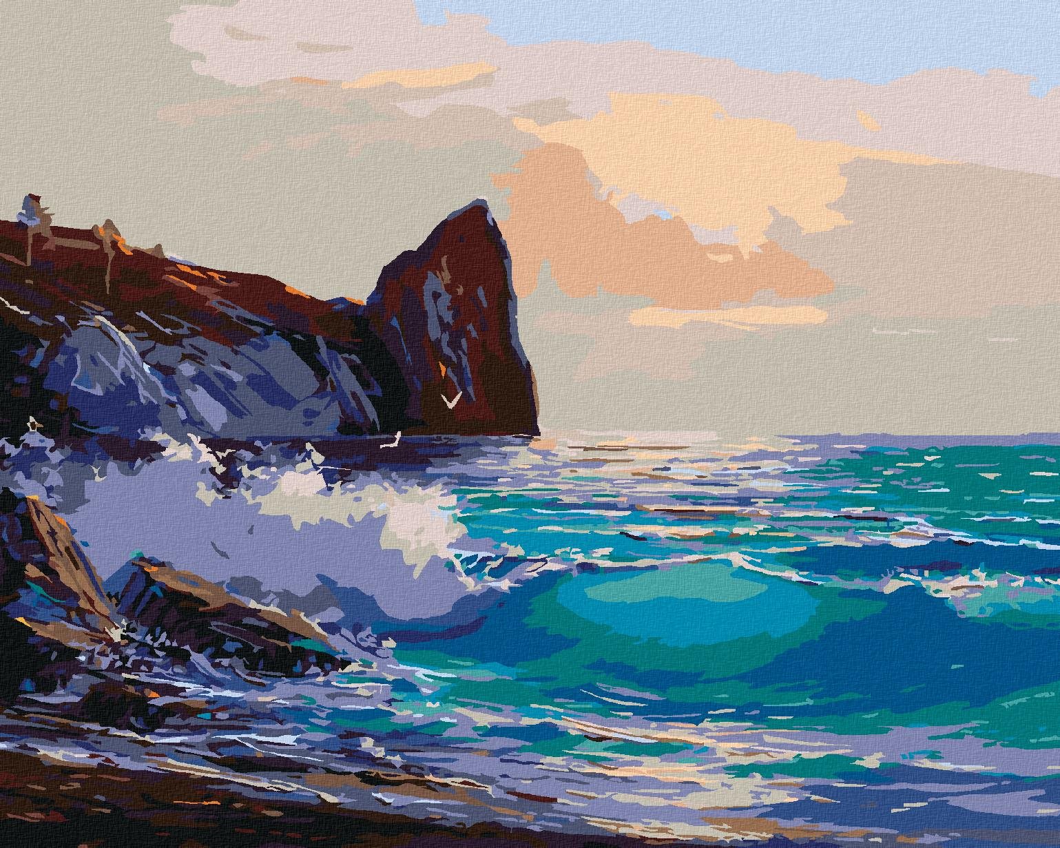 Pláž s vlnami narážajúcimi do skál, 40 × 50 cm, plátno napnuté na rám