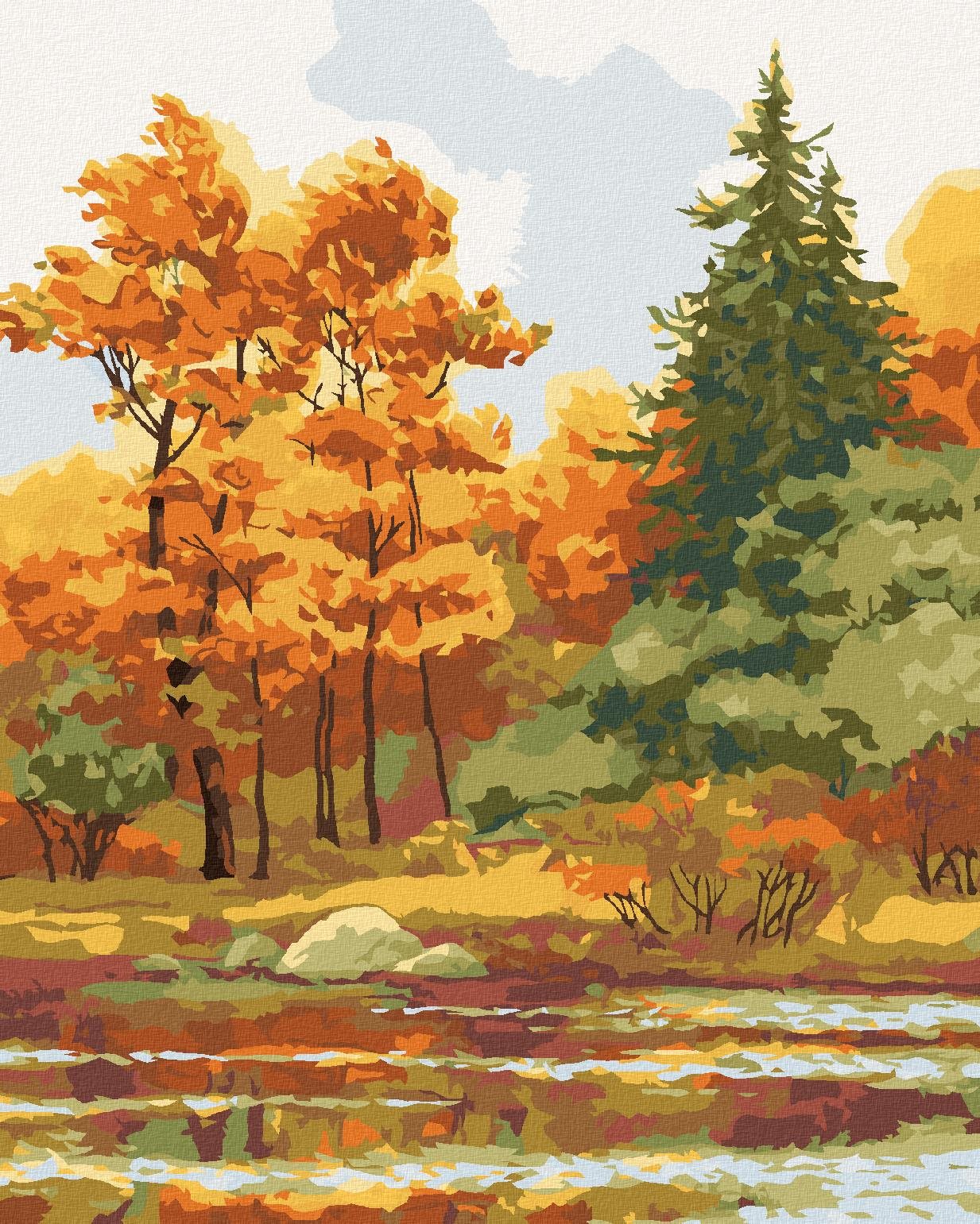 Jesenný les na jazere, 80 × 100 cm, bez rámu a bez napnutia plátna