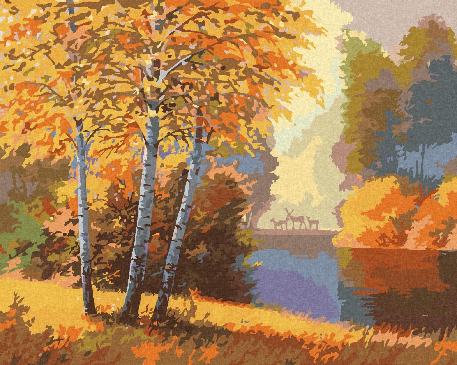 Jesenný les s riekou a jeleňmi, 40 × 50 cm, plátno napnuté na rám