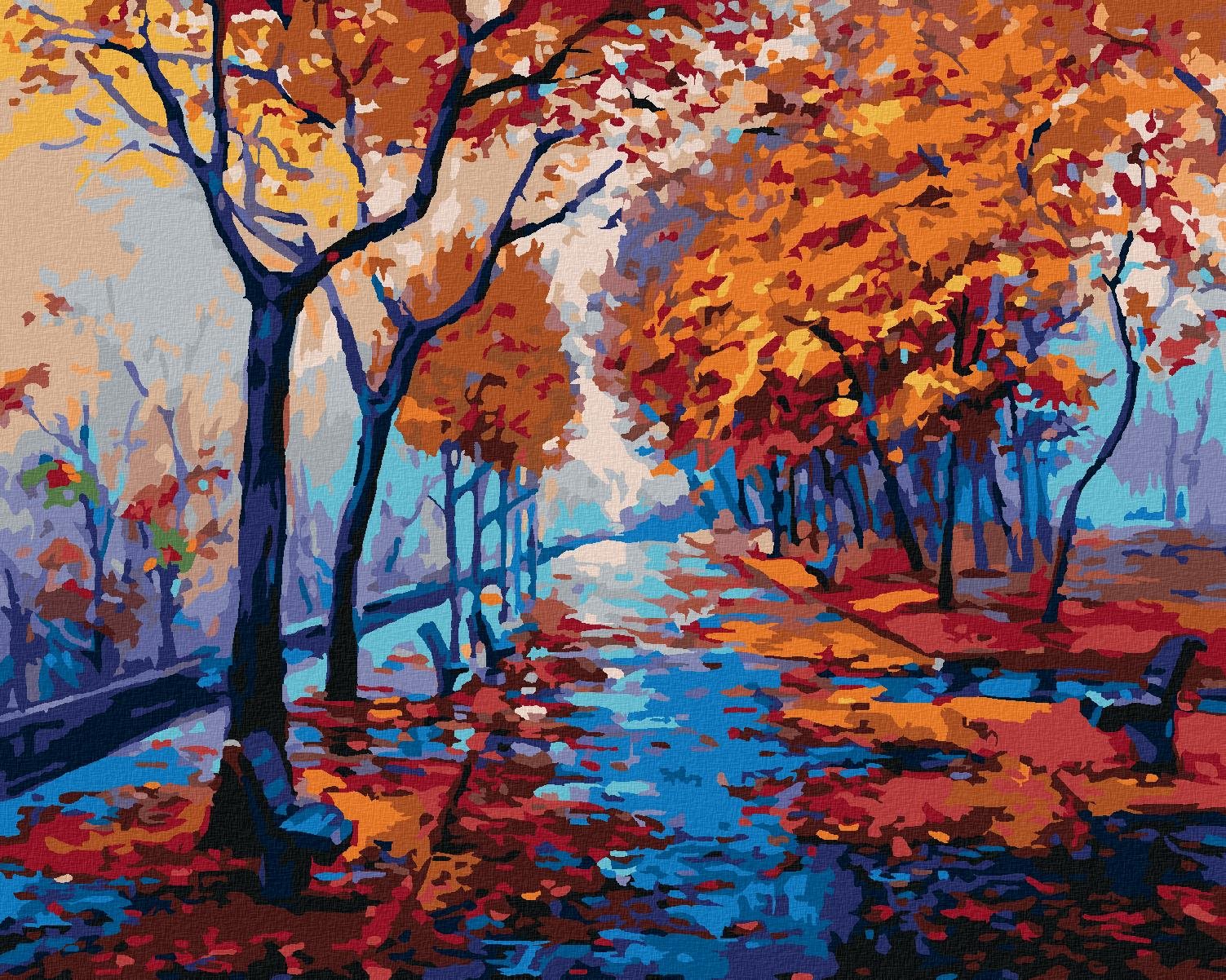 Jesenný lesopark s prázdnymi lavičkami, 80×100 cm, vypnuté plátno na rám