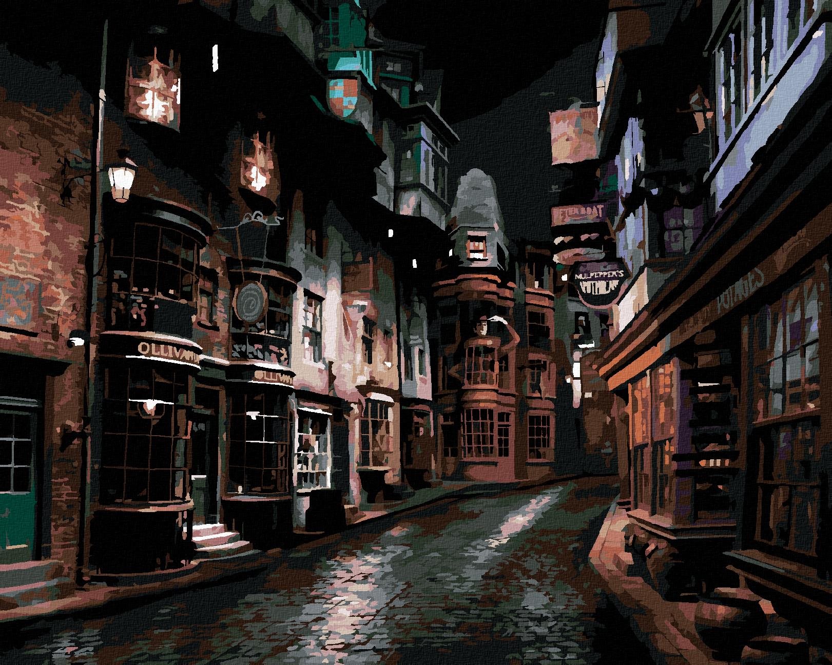 Priečna ulica v noci (Harry Potter), 40×50 cm, vypnuté plátno na rám