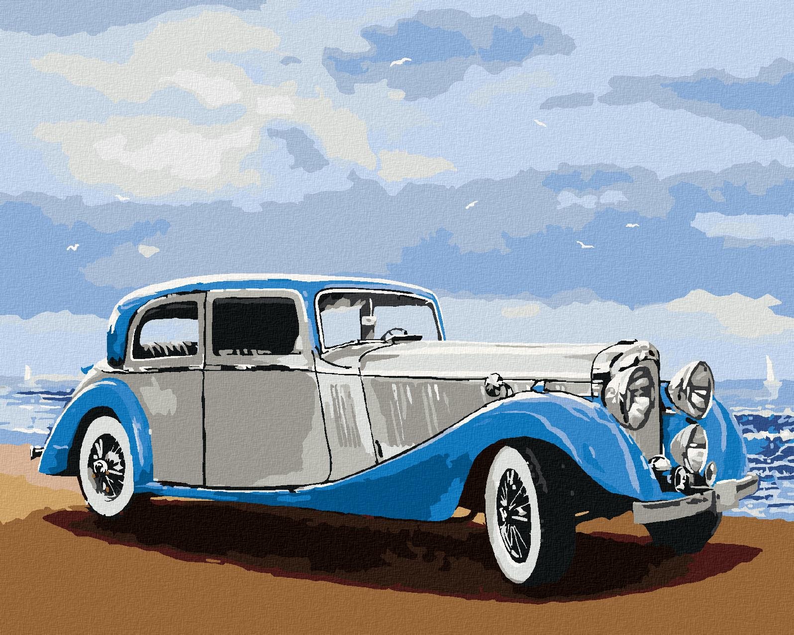 Retro auto pri mori, 80 × 100 cm, plátno napnuté na rám