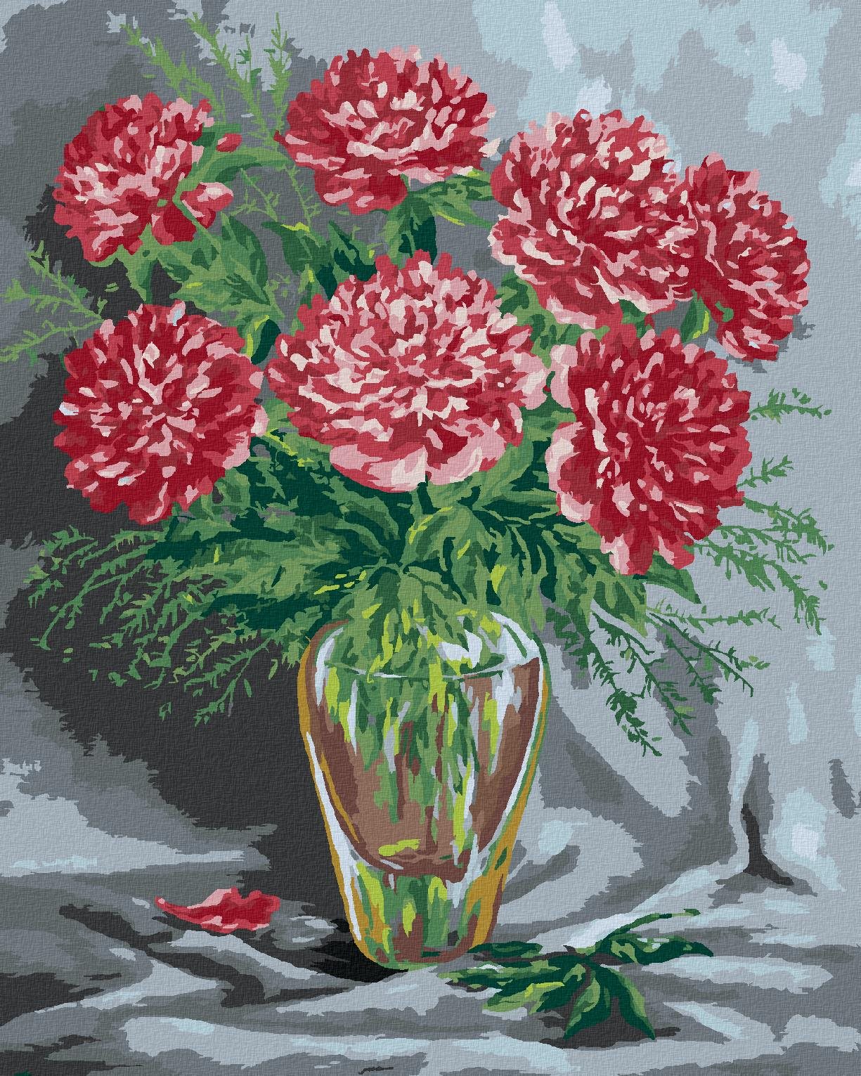 Ružové pivonky v sklenenej váze, 80 × 100 cm, plátno napnuté na rám