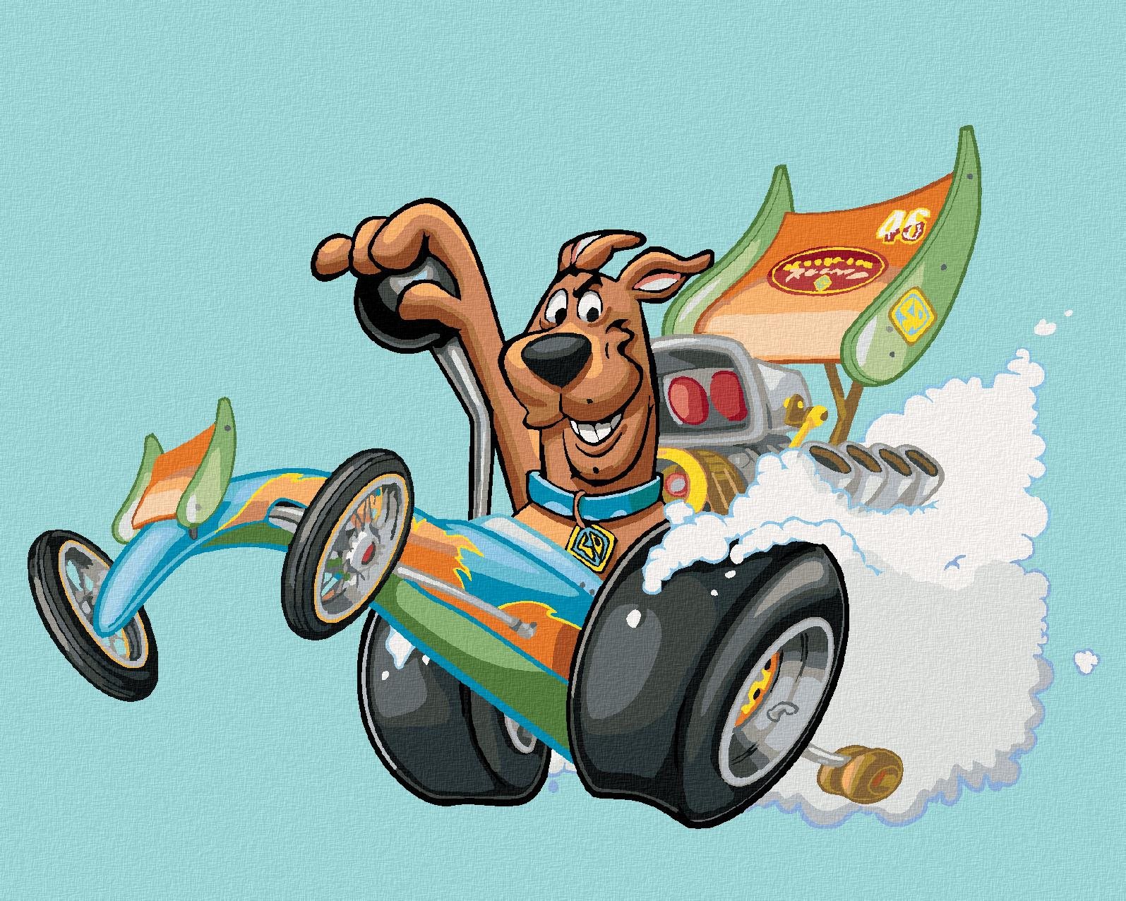 Scooby a motokára (Scooby Doo), 40×50 cm, bez rámu a bez vypnutia plátna