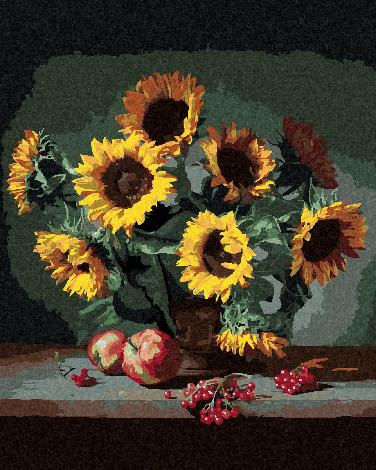 Slnečnice s jablkami a ríbezľami, 40 × 50 cm, napnuté plátno na ráme