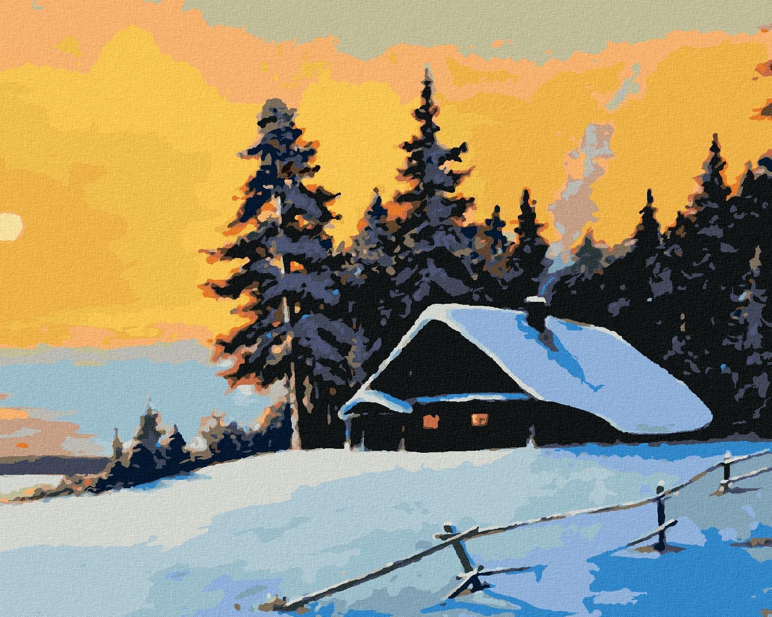 Zrub v zimnom lese a západ slnka, 80 × 100 cm, bez rámu a bez napnutia plátna