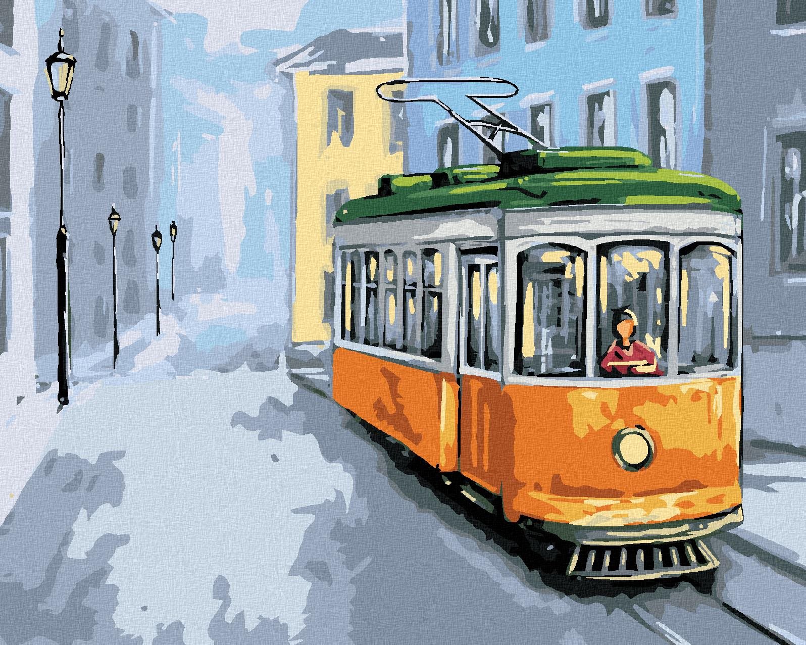 Stará žltá električka, 40 × 50 cm, plátno napnuté na rám