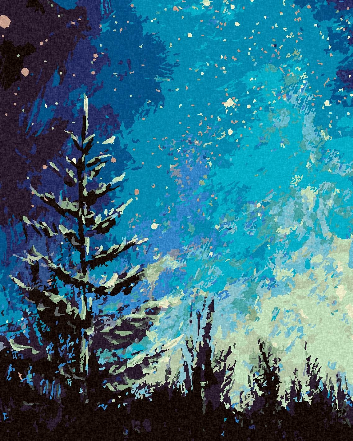 Strom a nočná obloha v lese, 80 × 100 cm, plátno napnuté na rám