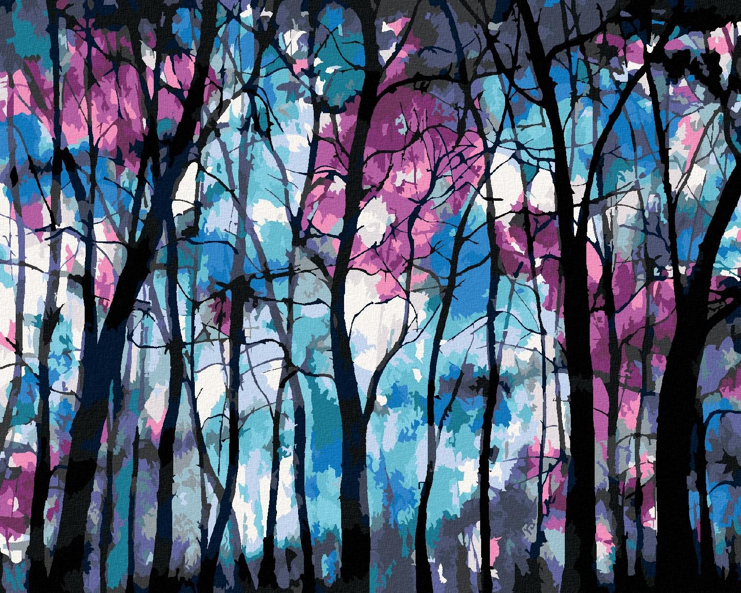 Temný les s modro-fialovou oblohou, 80×100 cm, bez rámu a bez vypnutia plátna