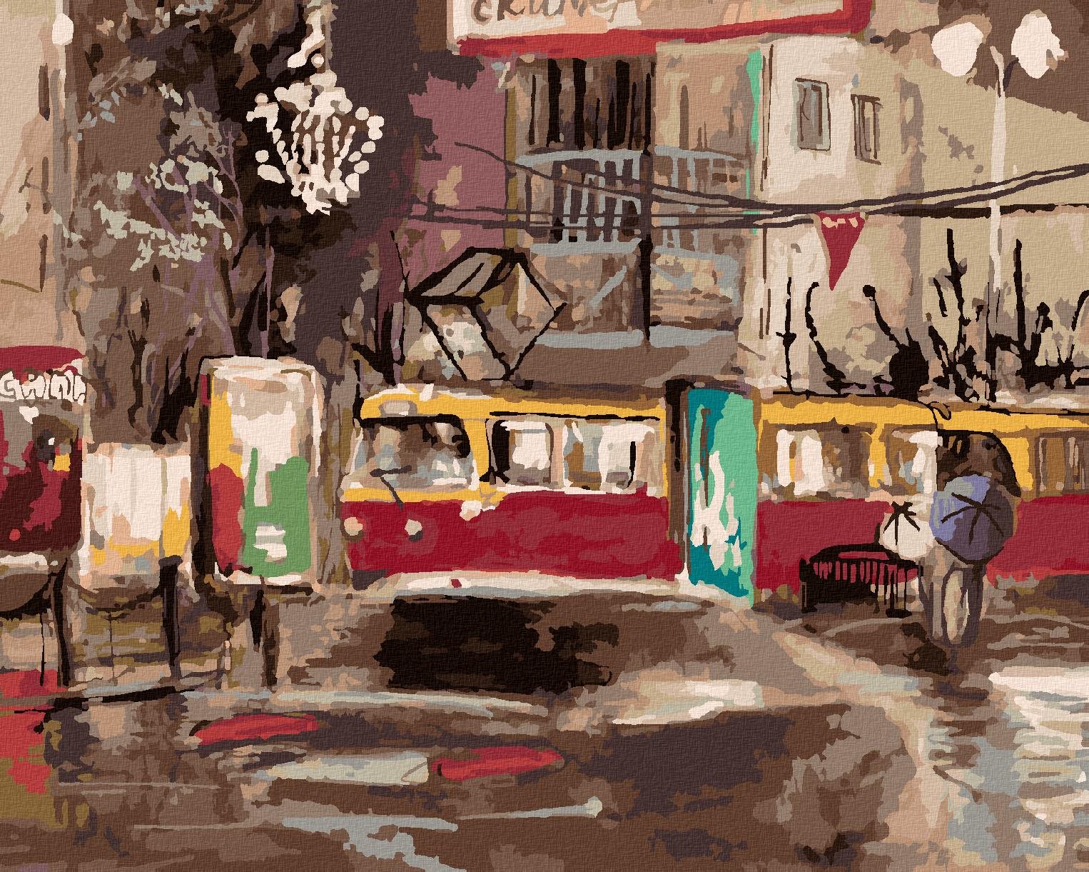 Električka prechádzajúca nočným mestom, 40×50 cm, bez rámu a bez vypnutia plátna