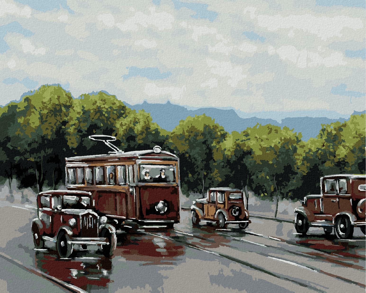 Električka s autami, 80 × 100 cm, bez rámu a bez napnutia plátna