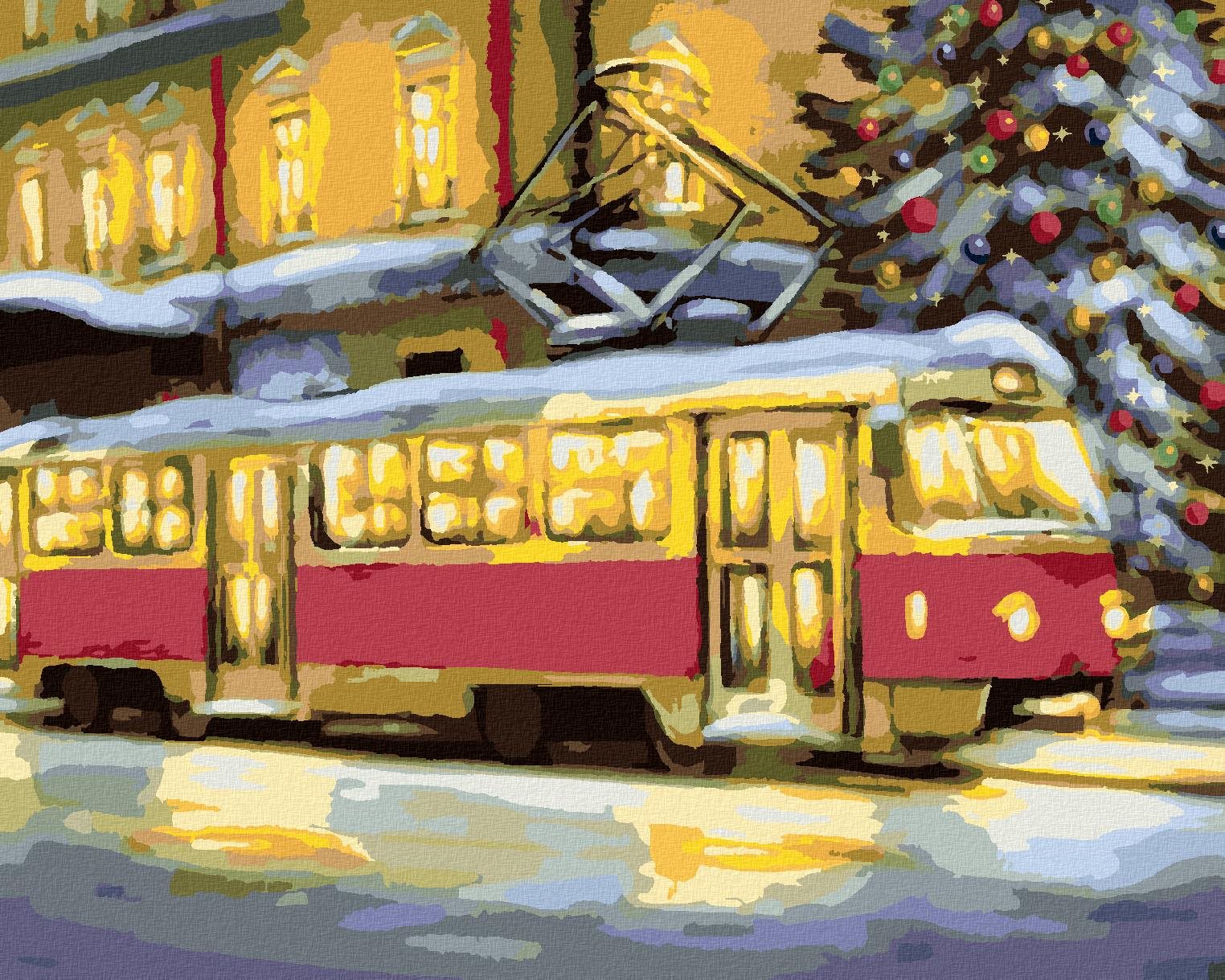 Električka s vianočným stromčekom, 80 × 100 cm, plátno napnuté na rám