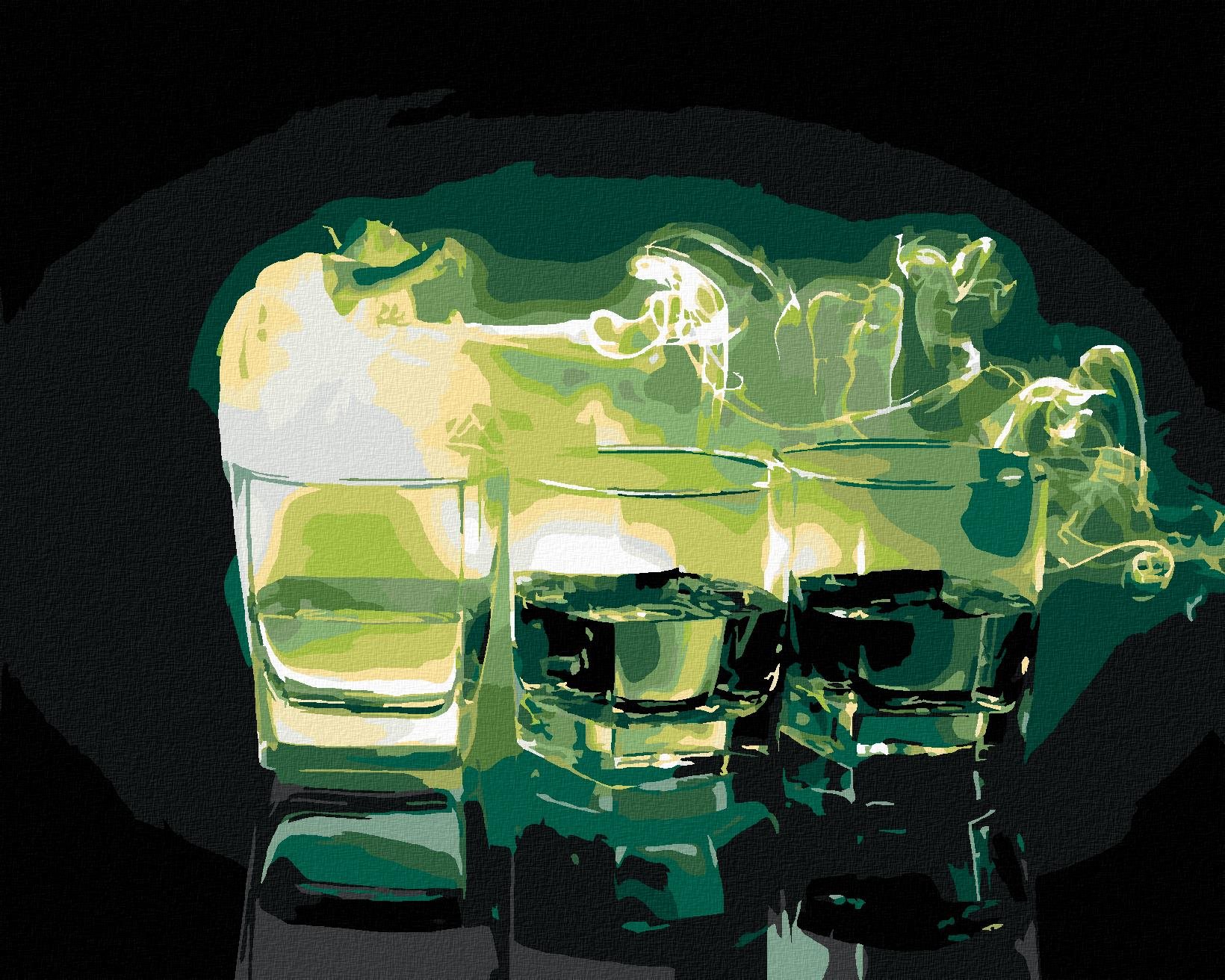 Tri poháre zeleného absinthu, 80 × 100 cm, plátno napnuté na rám