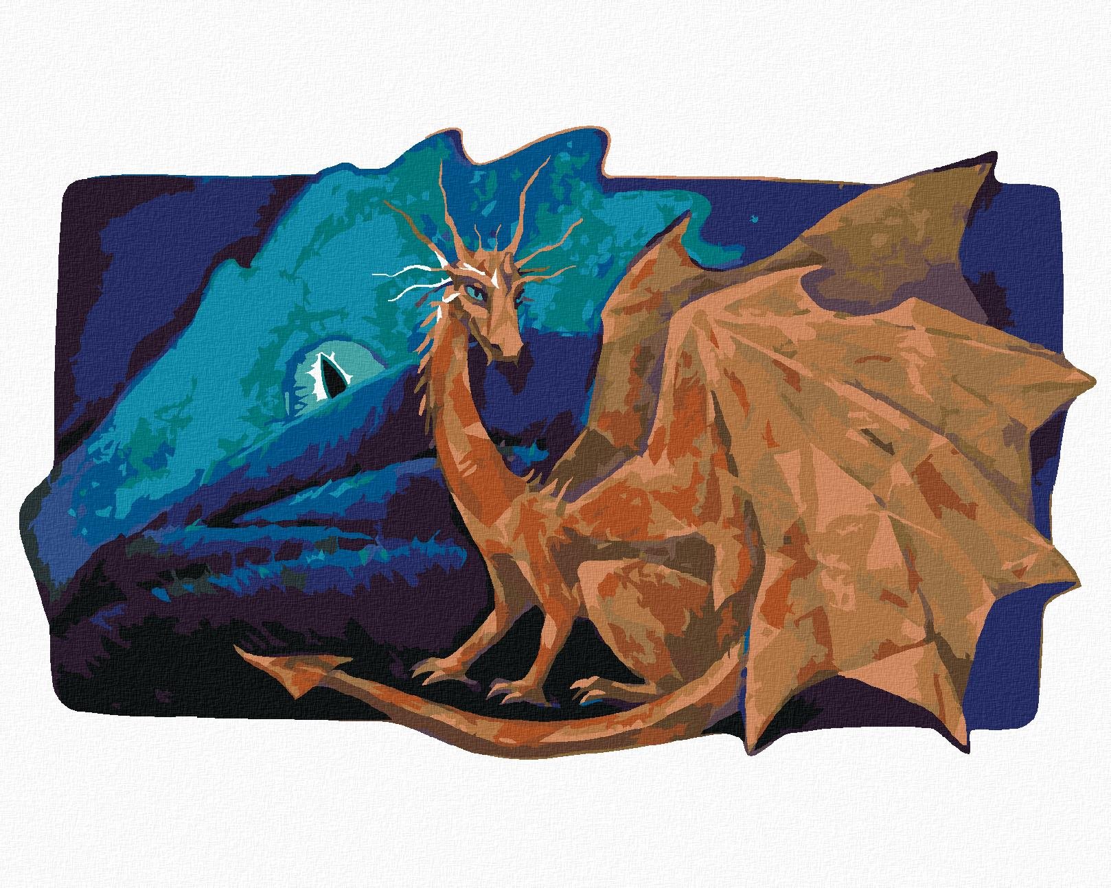 Veľký mesačný drak spolu so zlatým drakom, 40×50 cm, vypnuté plátno na rám