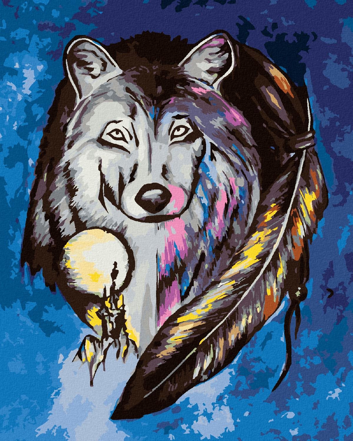 Vlk s amuletovým perím, 80 × 100 cm, bez rámu a bez napnutia plátna