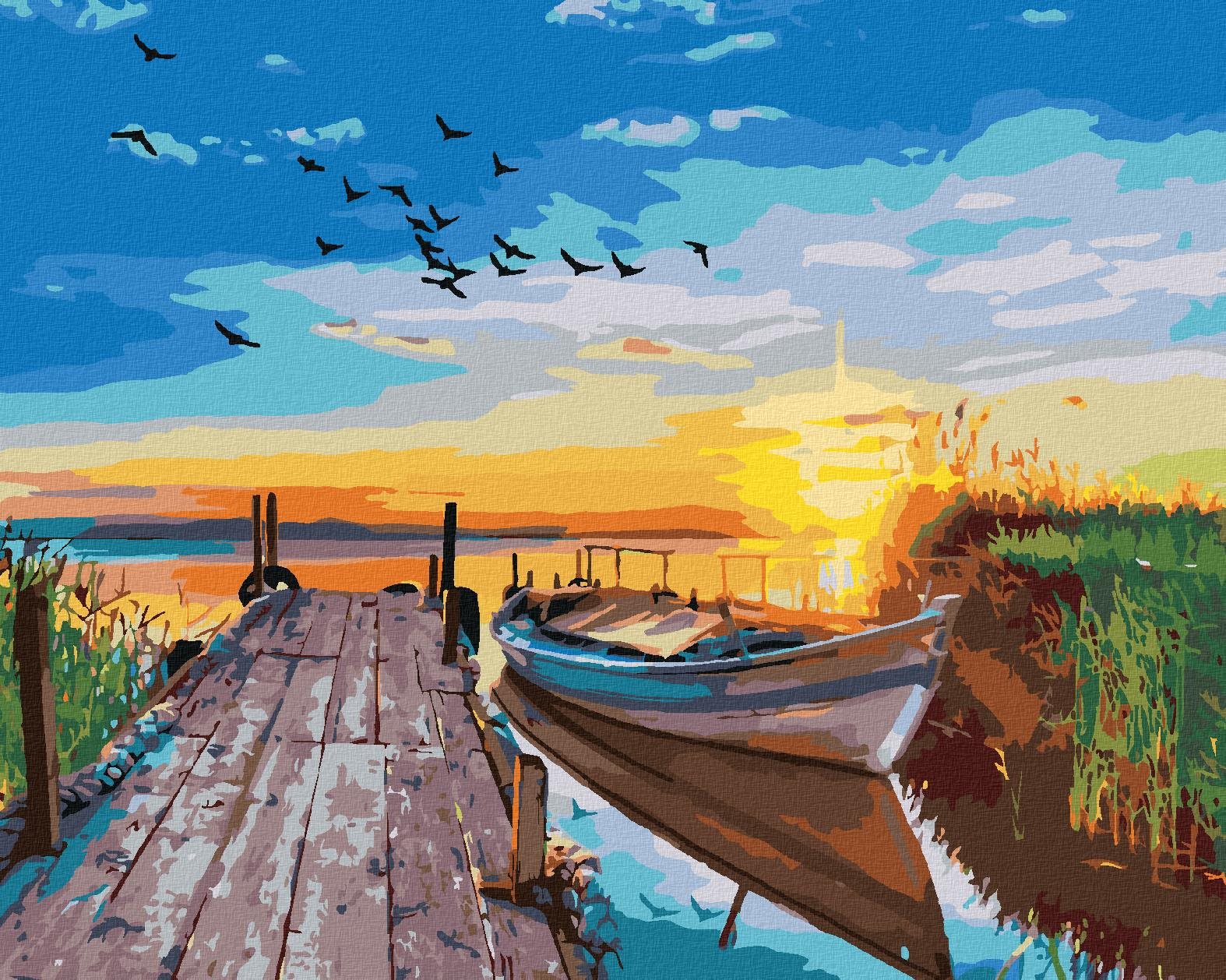 Západ slnka nad jazerom s loďkou, 80 × 100 cm, plátno napnuté na rám