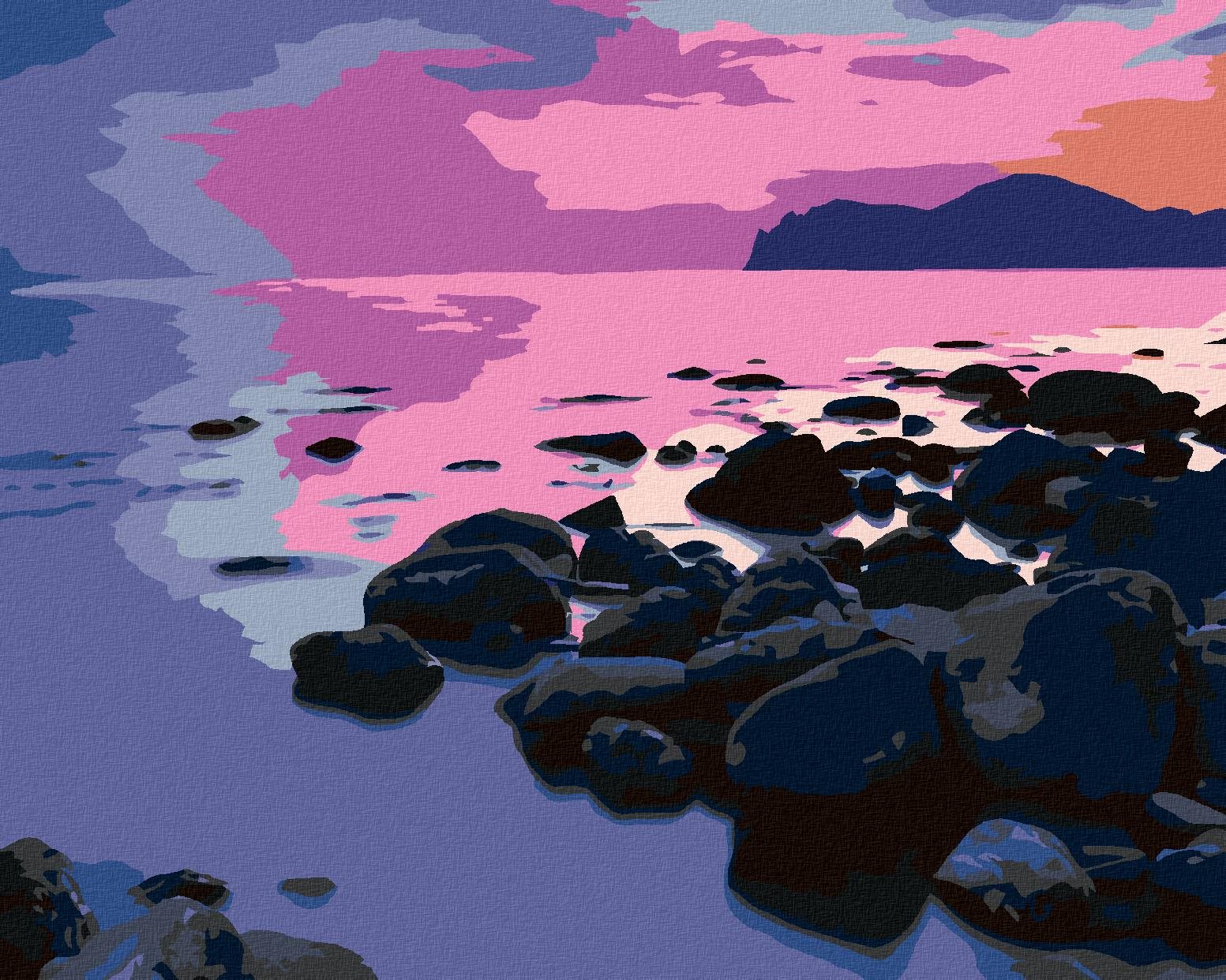 Západ slnka nad skalnatým pobrežím, 40×50 cm, bez rámu a bez vypnutia plátna